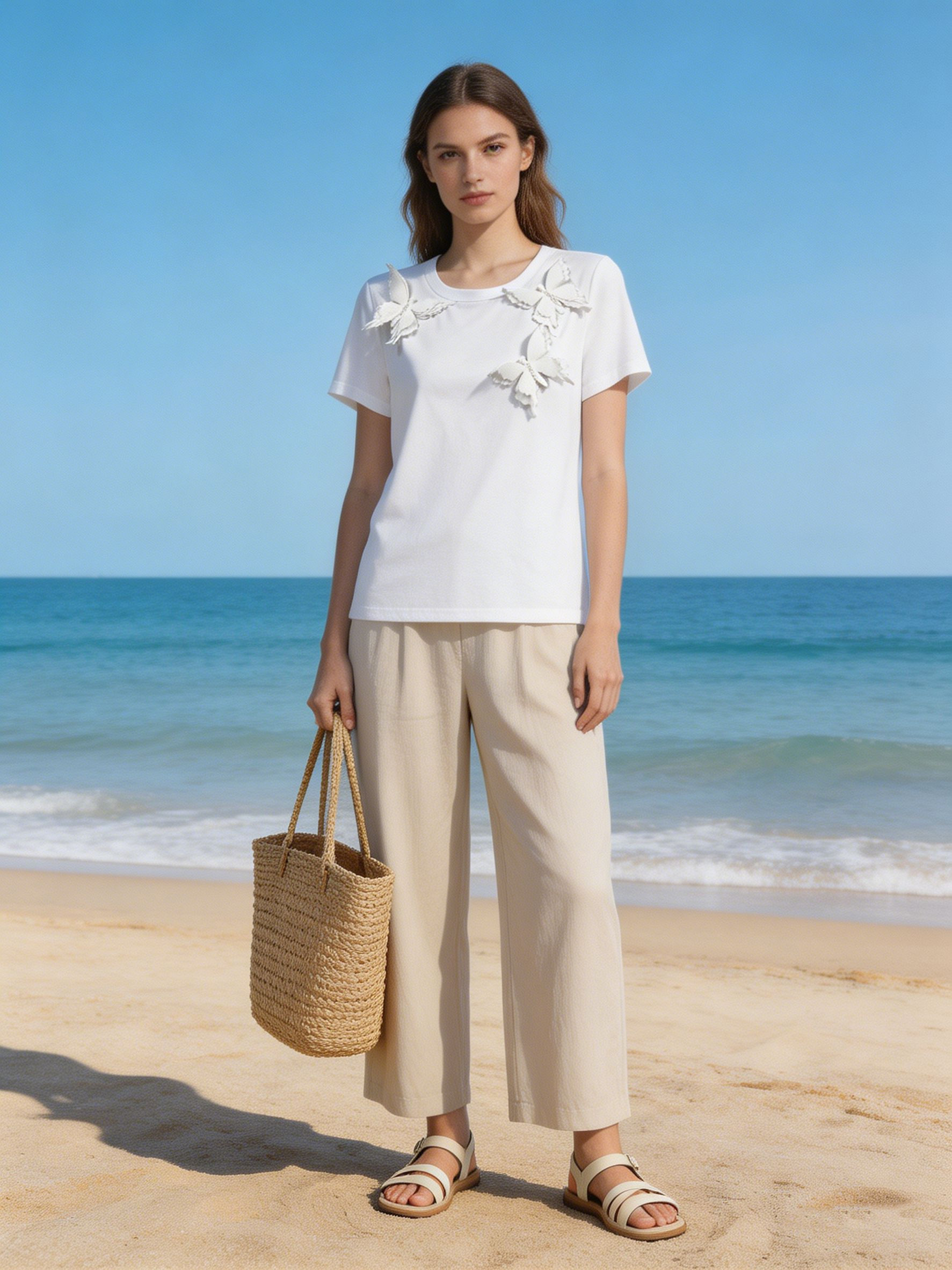  Women's 3D White Butterfly Applique Pearl Beaded Summer T-Shirt M-42130-6