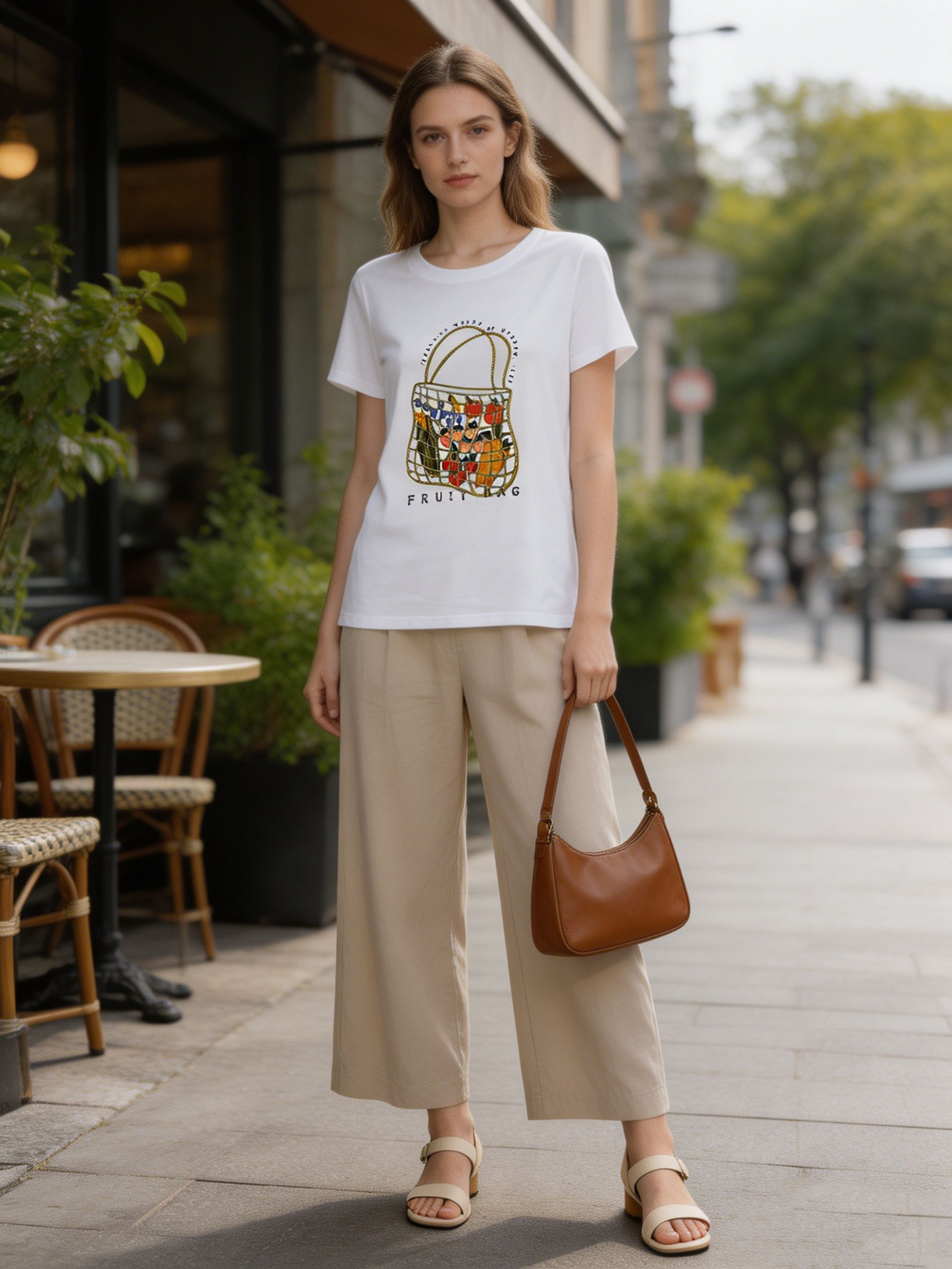 Women's Cute 3D Straw Handbag Embellished "Beautiful" Graphic Tee 