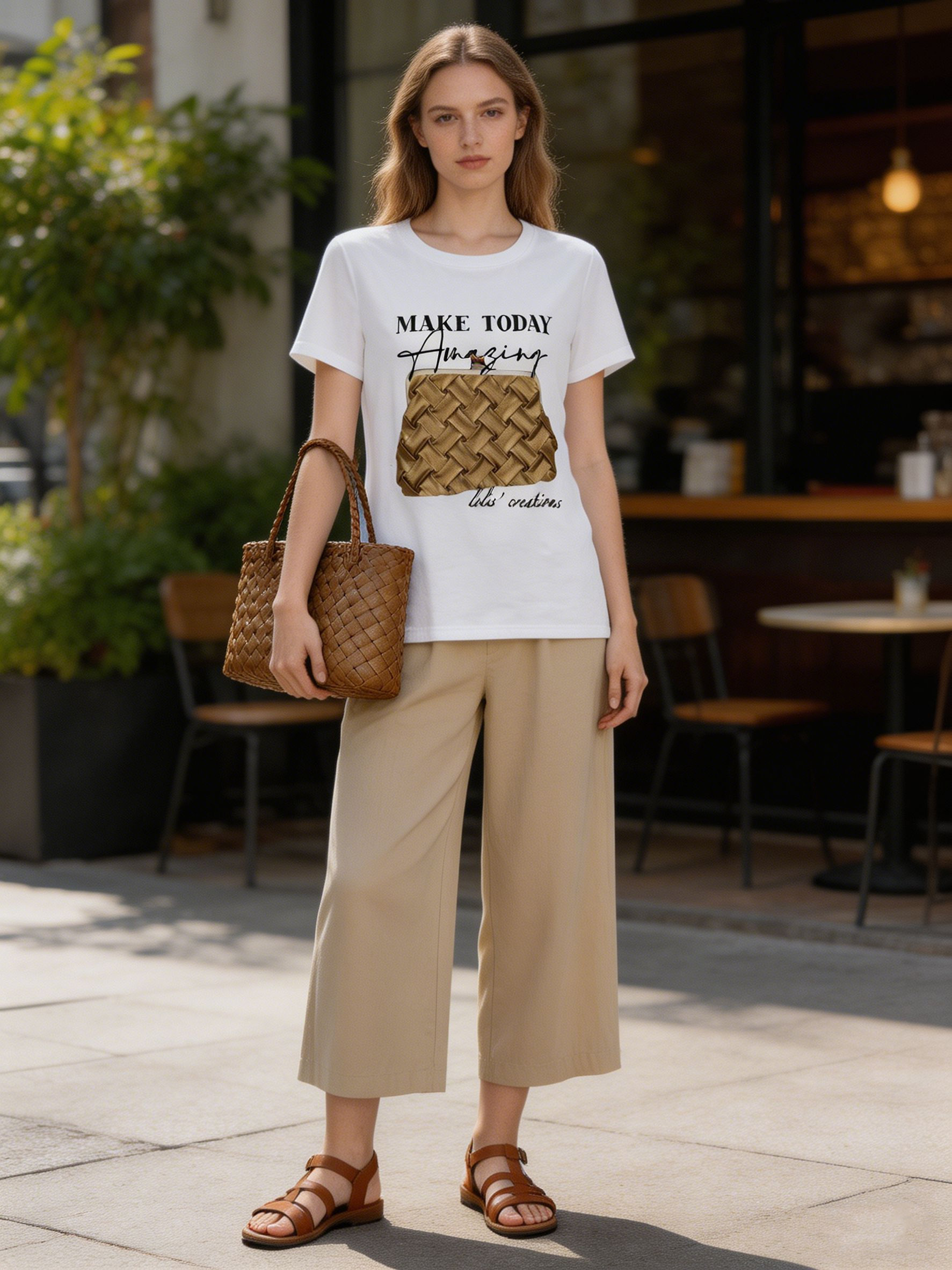  Women's Woven Tote Bag Print Shirt Cute Pearl Charm Slogan Summer T-Shirt M-42131-9