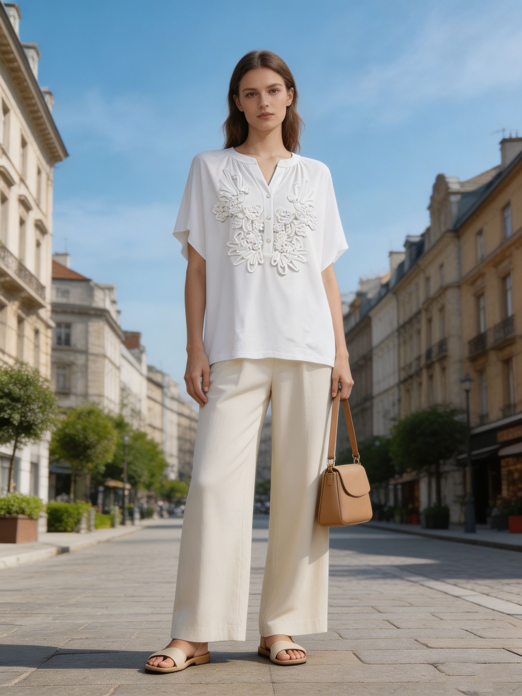 Women's 3D Floral Cord Embroidered Henley Blouse Casual Loose Fit White Top M-42164