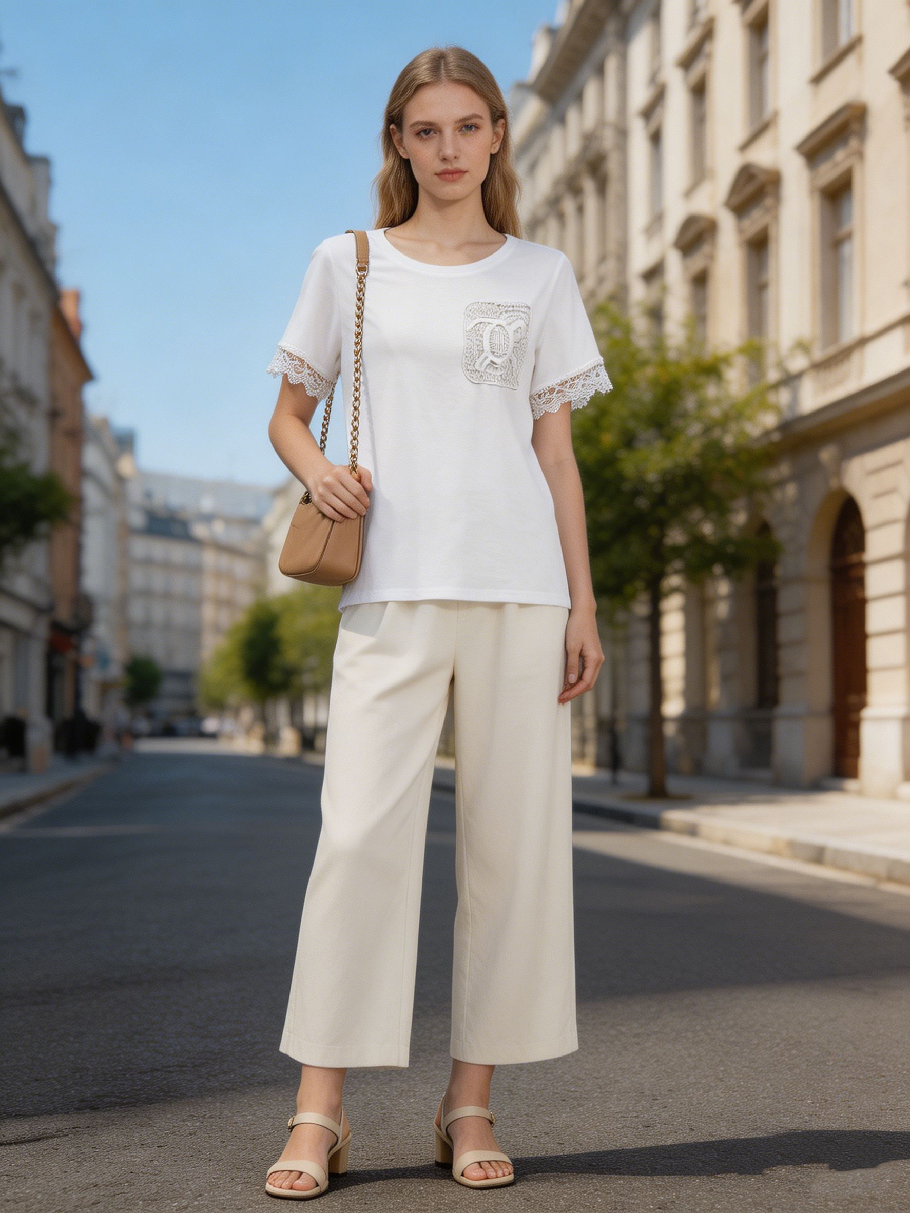 Elegant Tone-on-Tone Lace Applique Pocket Blouse with Crochet Detail Sleeve Trim M-42165