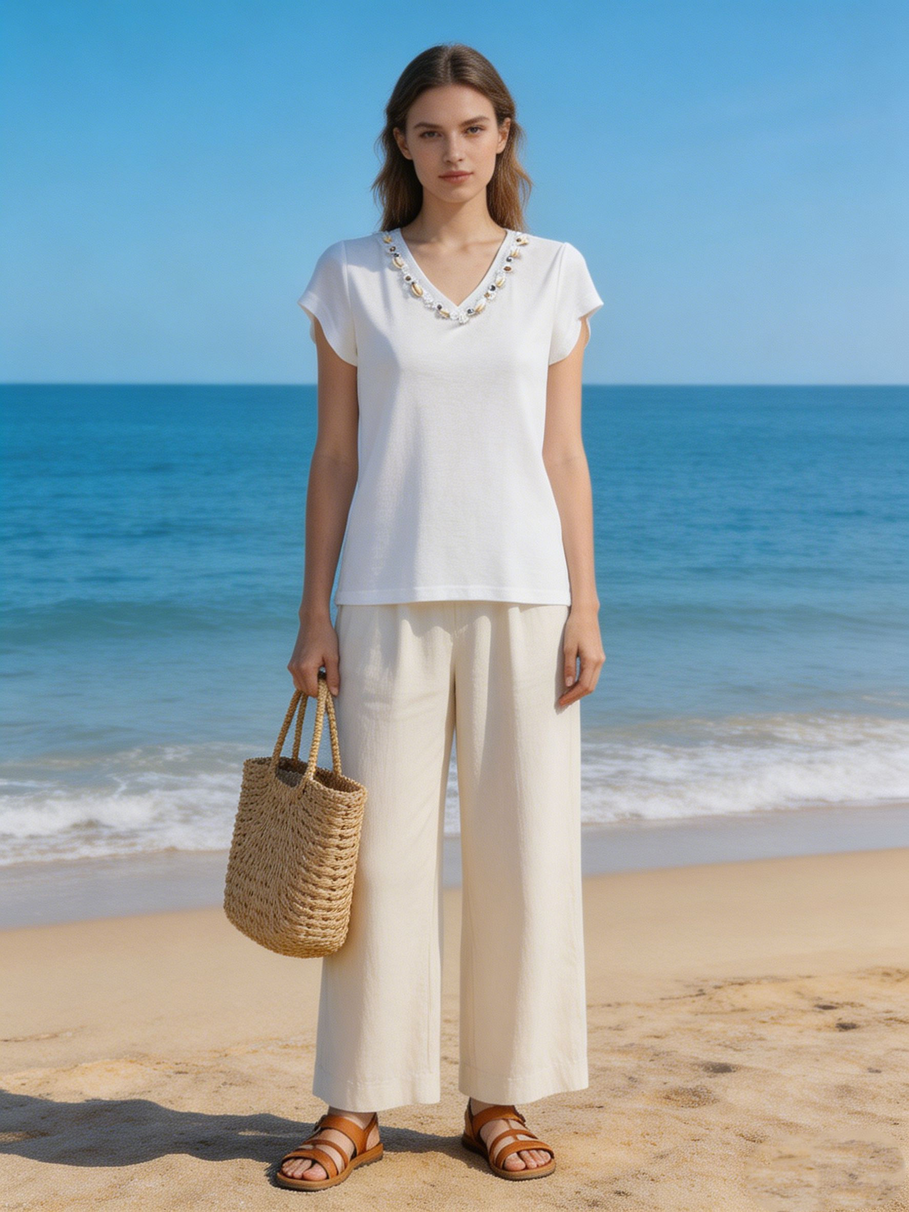 Romantic Lace and Shell Detail V-Neck T-shirt Casual Summer White Top