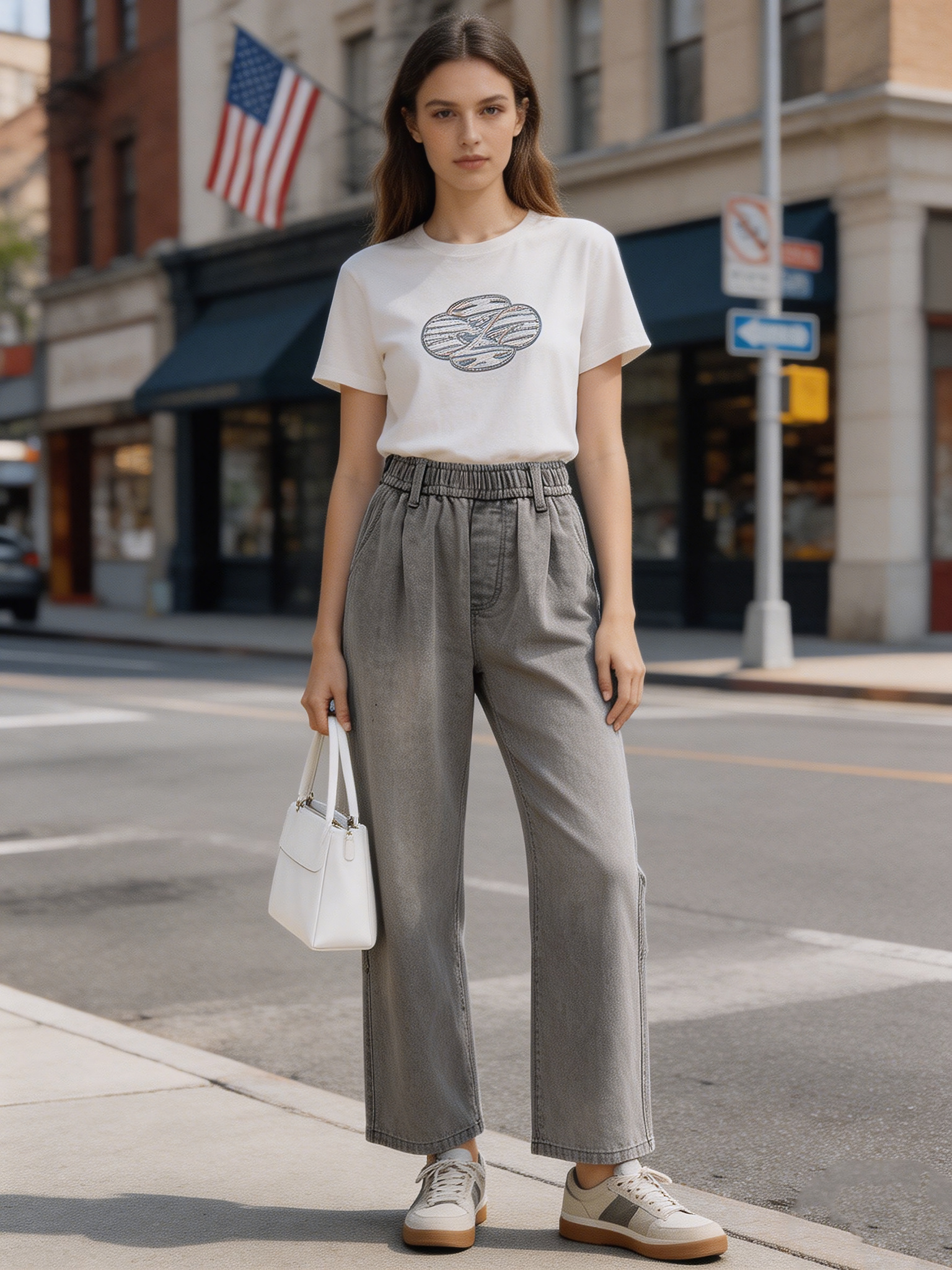 Vintage Faded Gray Relaxed Fit Wide Leg Jeans Retro Elastic Waist Denim Trousers ZY6024
