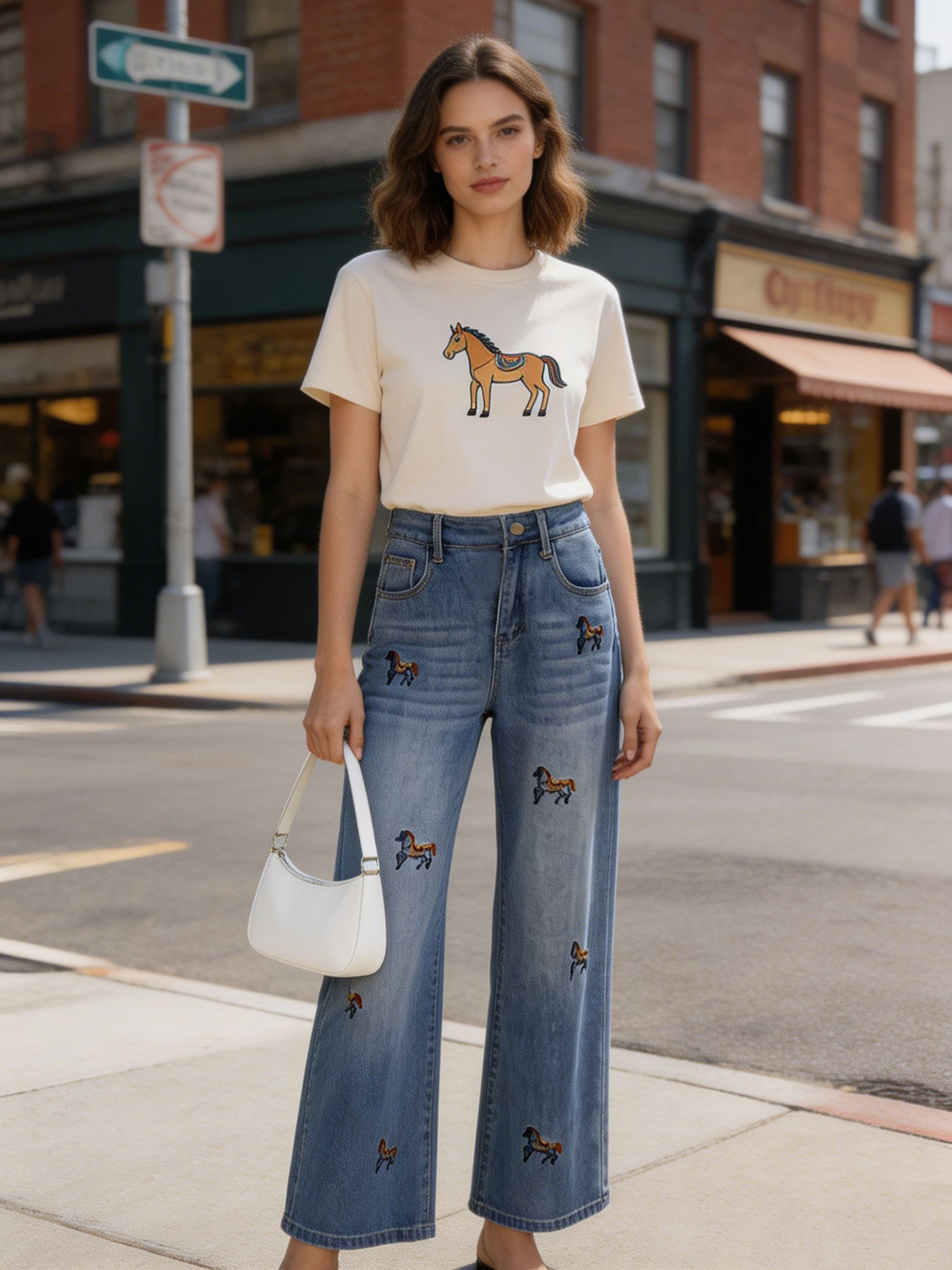 Cowboy Core Vintage Blue Horse Embroidery Wide Leg Jeans High Rise Denim Pants ZY6026