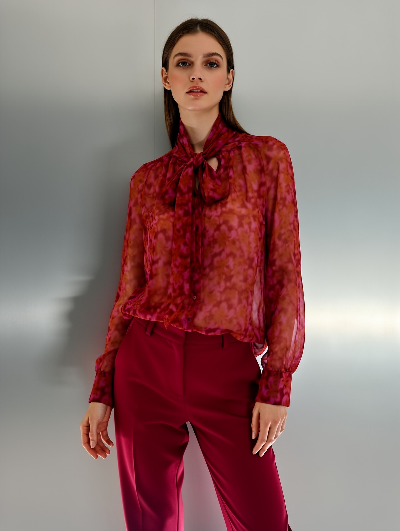 Women’s Printed Tie Neck Sheer Chiffon Long Sleeve Blouse XW-251209