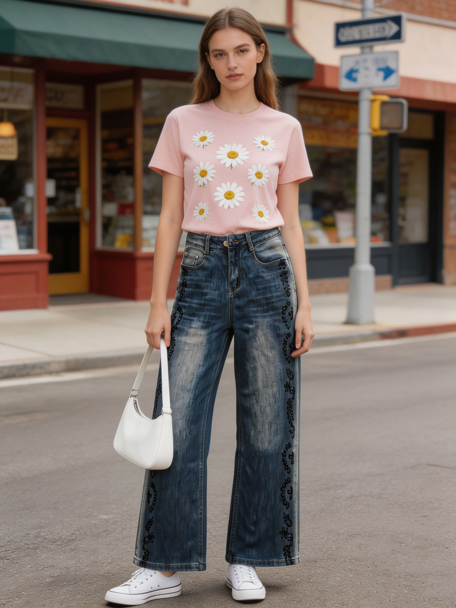 Boho Chic Laser Printed Wide Leg Jeans High Waist Side Pattern Statement Denim ZY6029