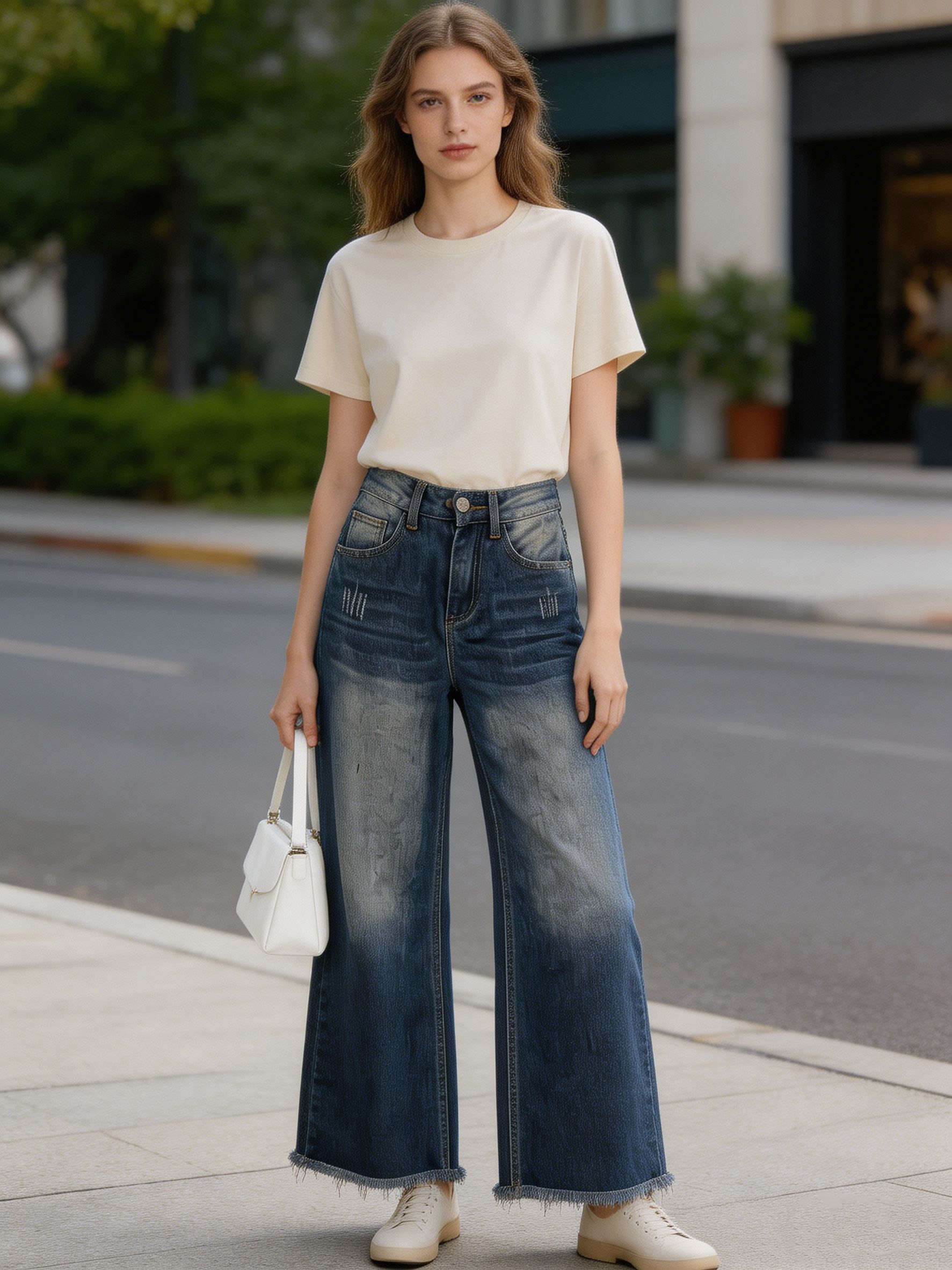 High Waist Wide Leg Frayed Hem Jeans ZY6033