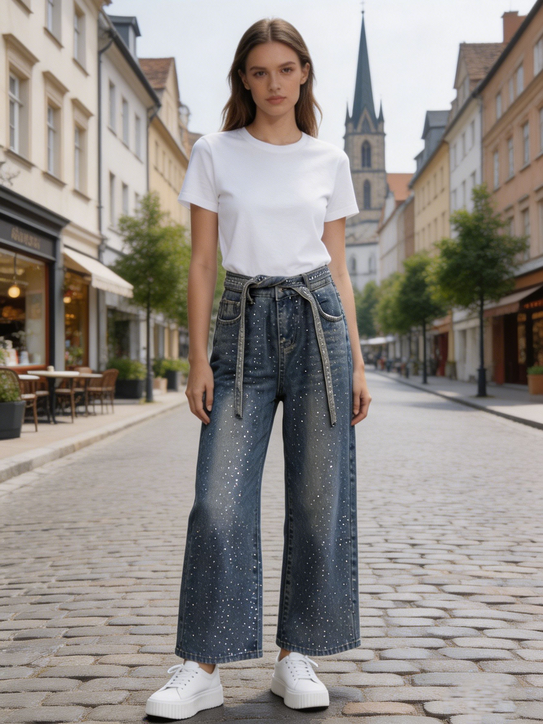 Women's Crystal Embellished Baggy High Waisted Denim Jeans ZY6035