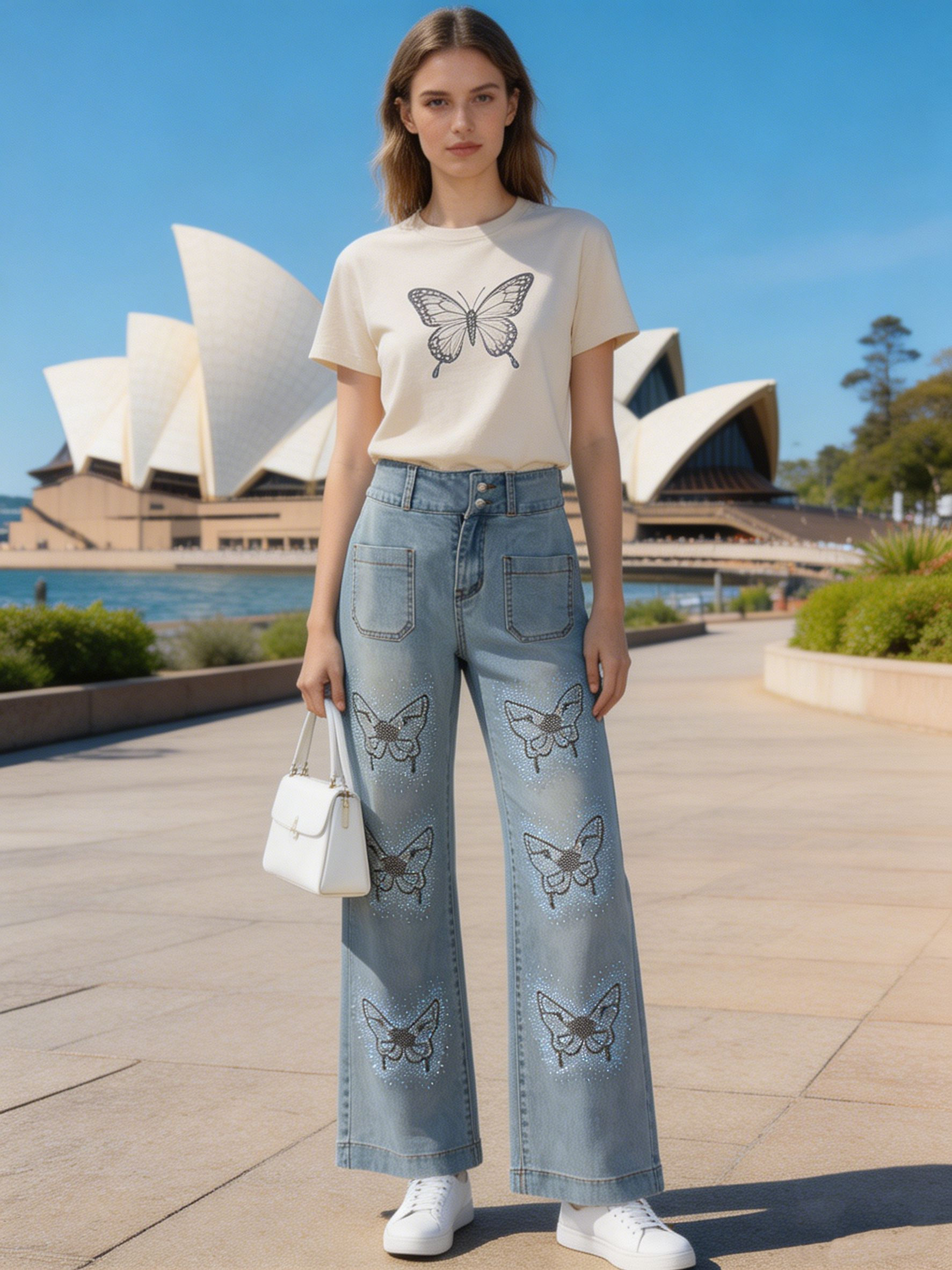Women's Light Wash Butterfly Bling Straight Leg Jeans ZY6036