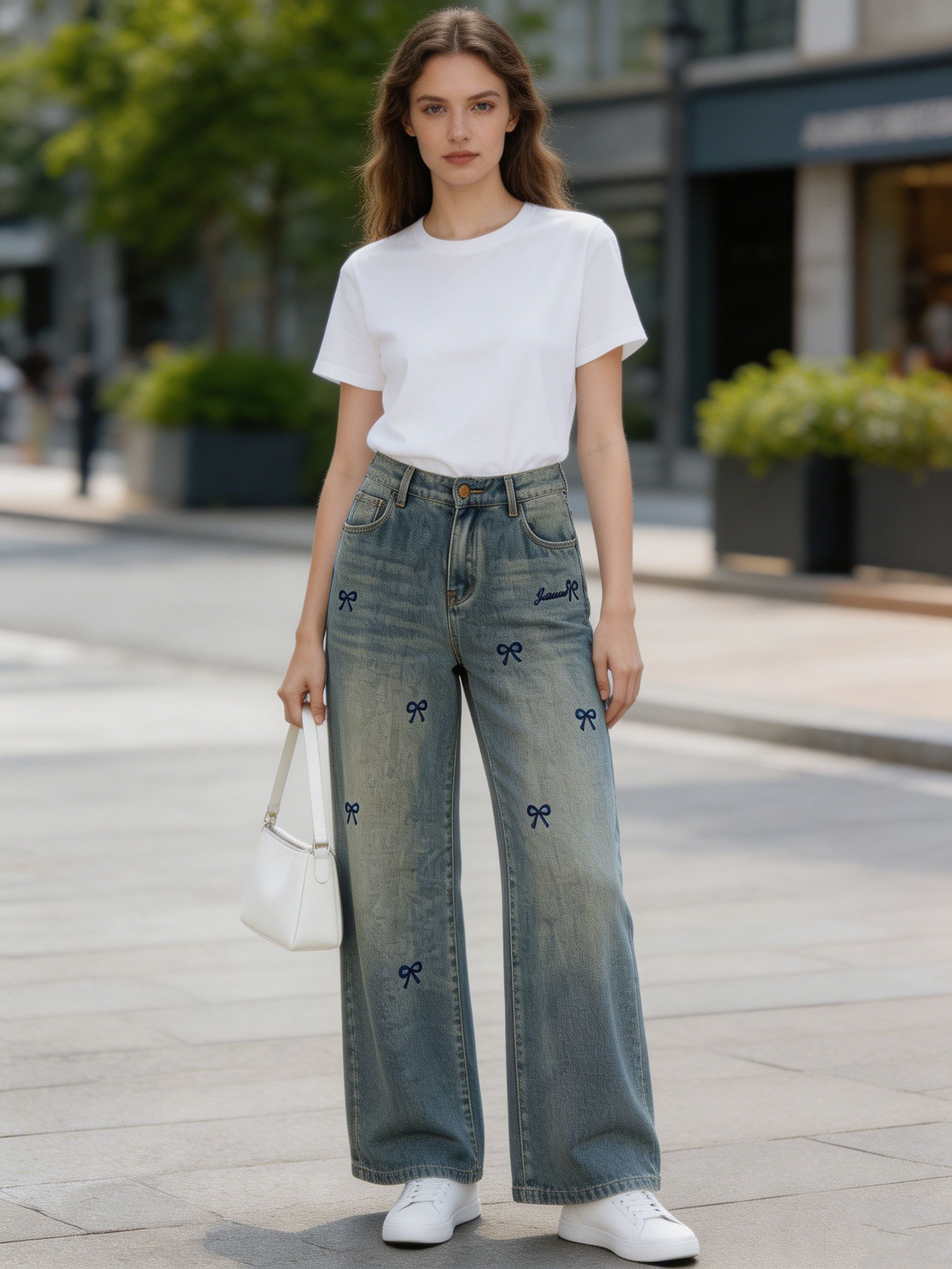 Women's High Waist Bow Detail Wide Leg Denim Pants ZY6037