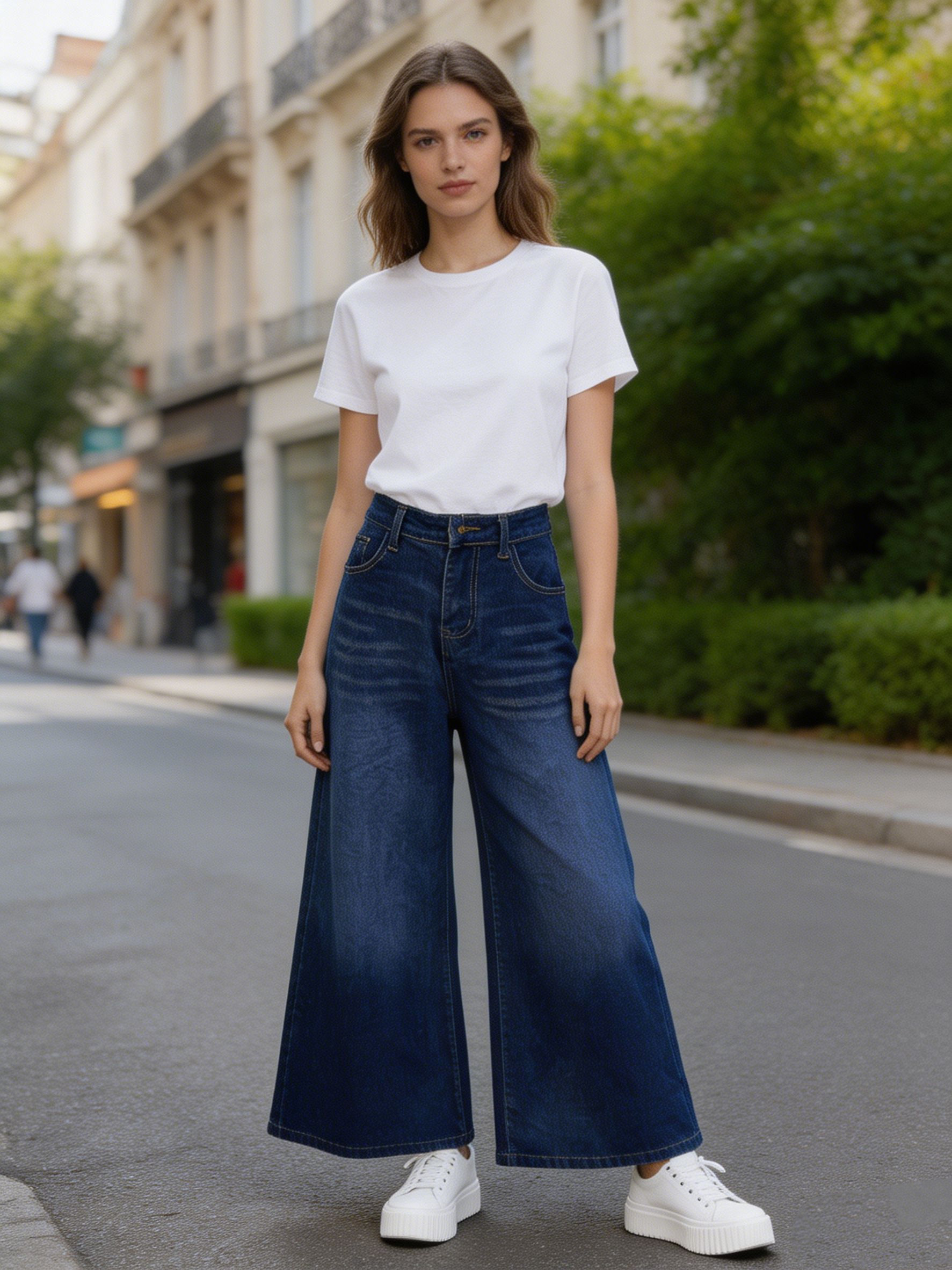 Women's High Waisted Wide Leg Deep Blue Denim Jeans ZY6059