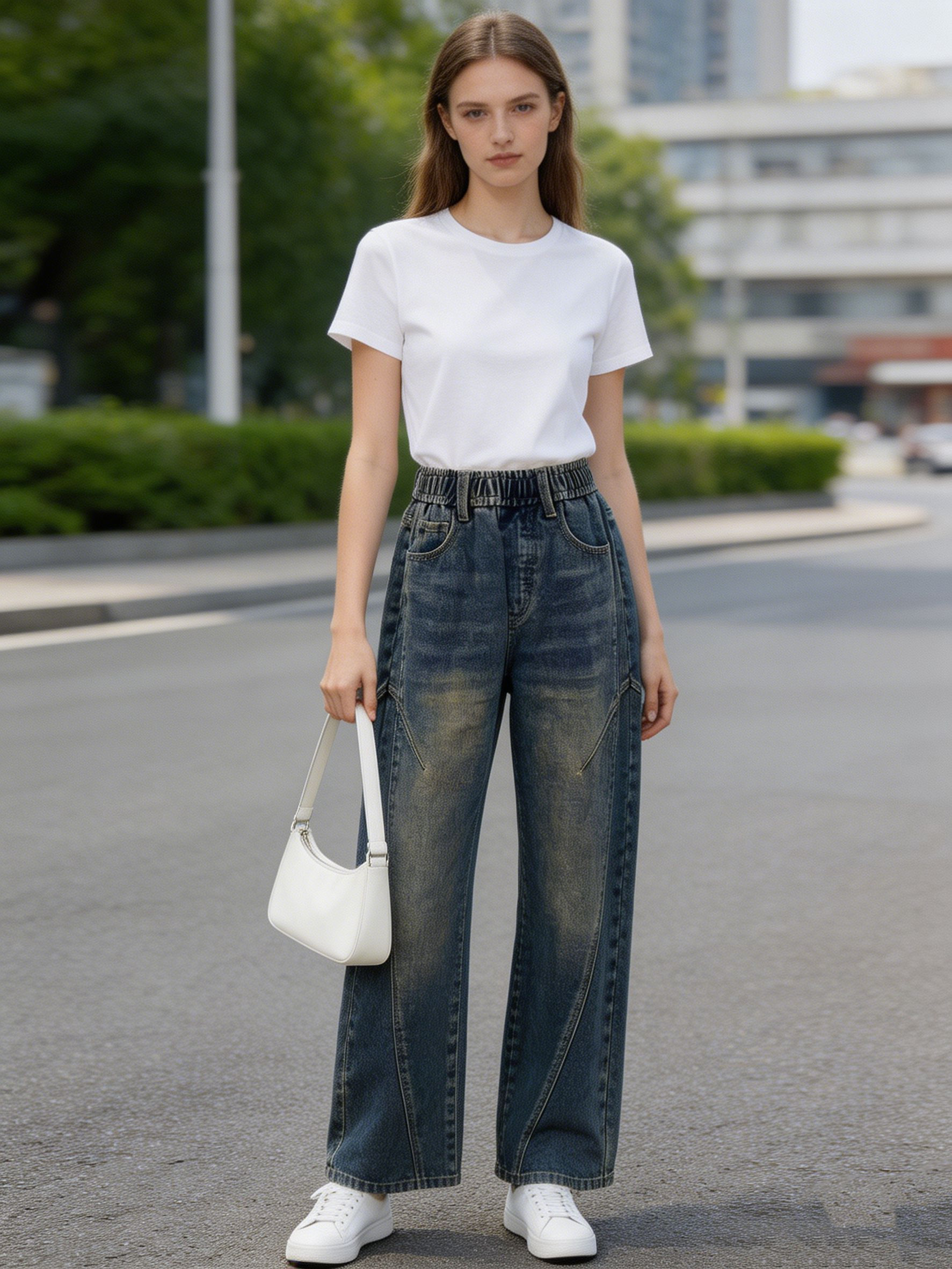 Mid-Wash High Waist Elastic Waist Wide Leg Panelled Jeans ZY6065