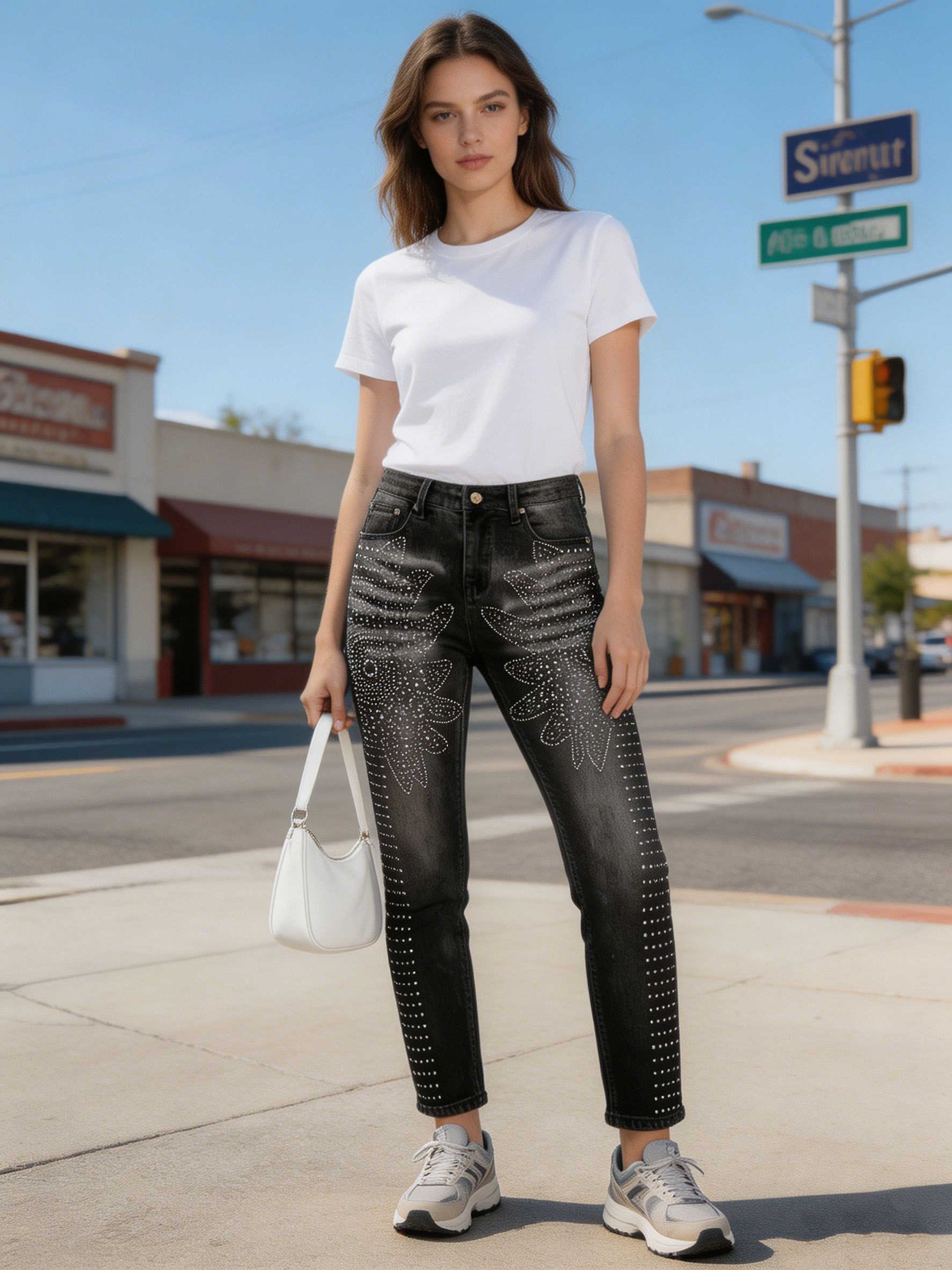 Hot Fix Rhinestone Pattern Washed Black Straight Jeans for Women ZY6067