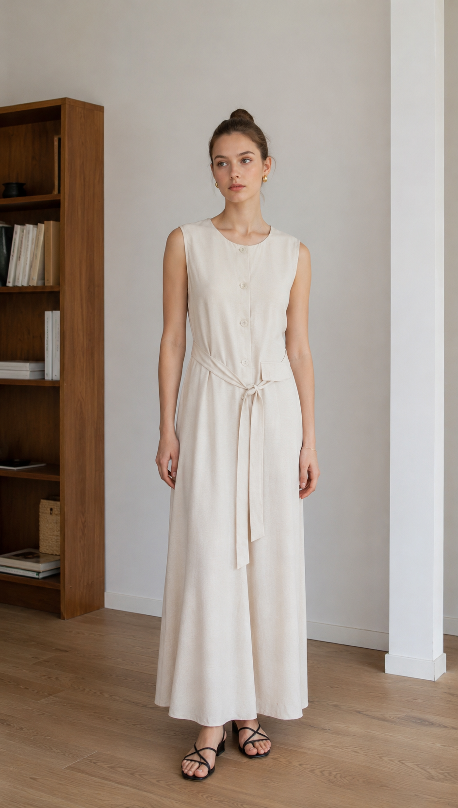 Quiet Luxury Linen Look Sleeveless Button Down Midi Dress with Belt AN-121011