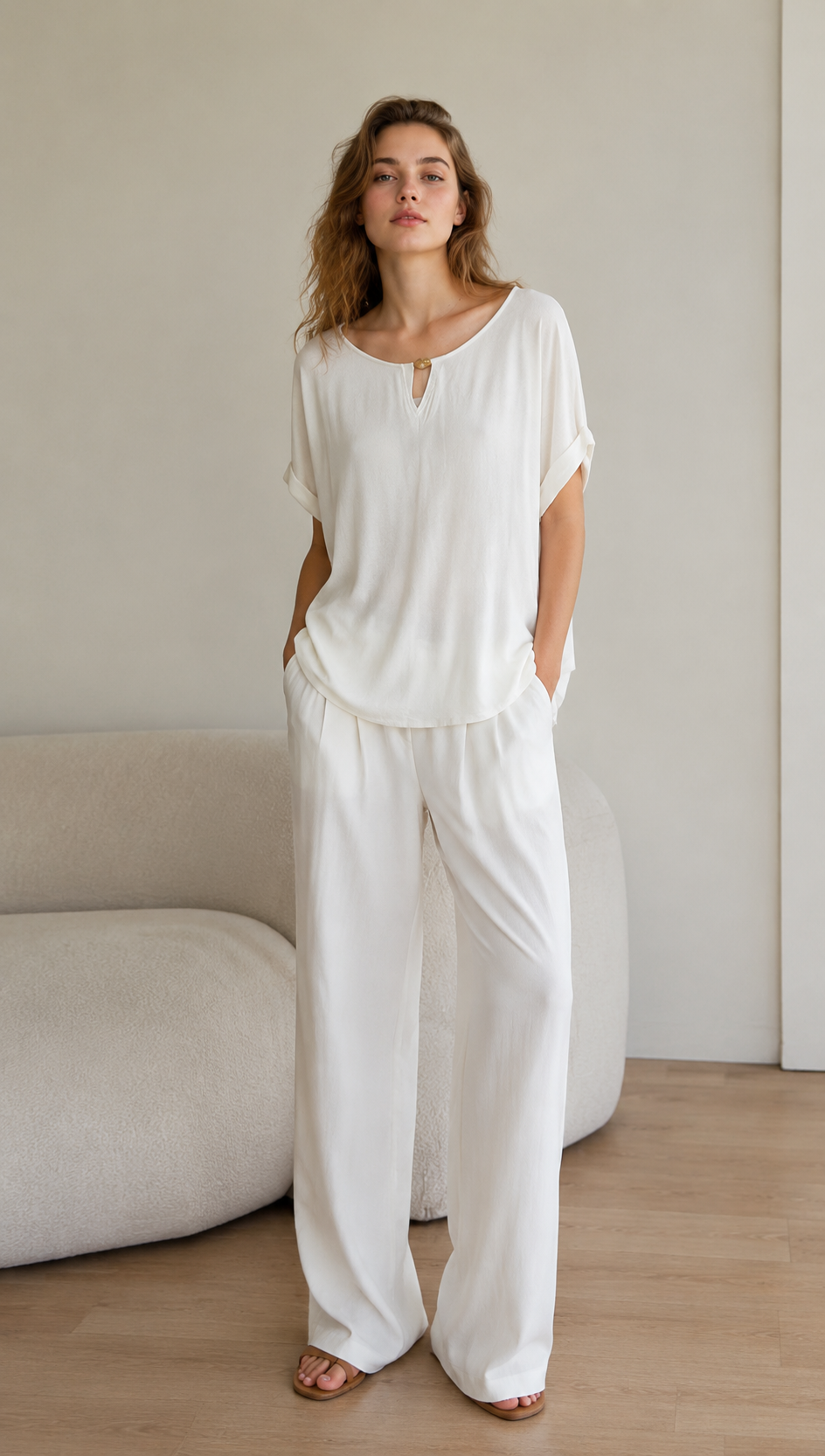 Minimalist V-Neck Keyhole Blouse Metal Ring Detail Relaxed White Top AN-121015