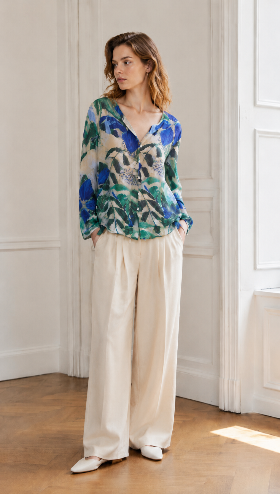 Floral Print Linen Blend Shirt – Casual V-Neck Button Down Loose Fit Resort Blouse AN-121007