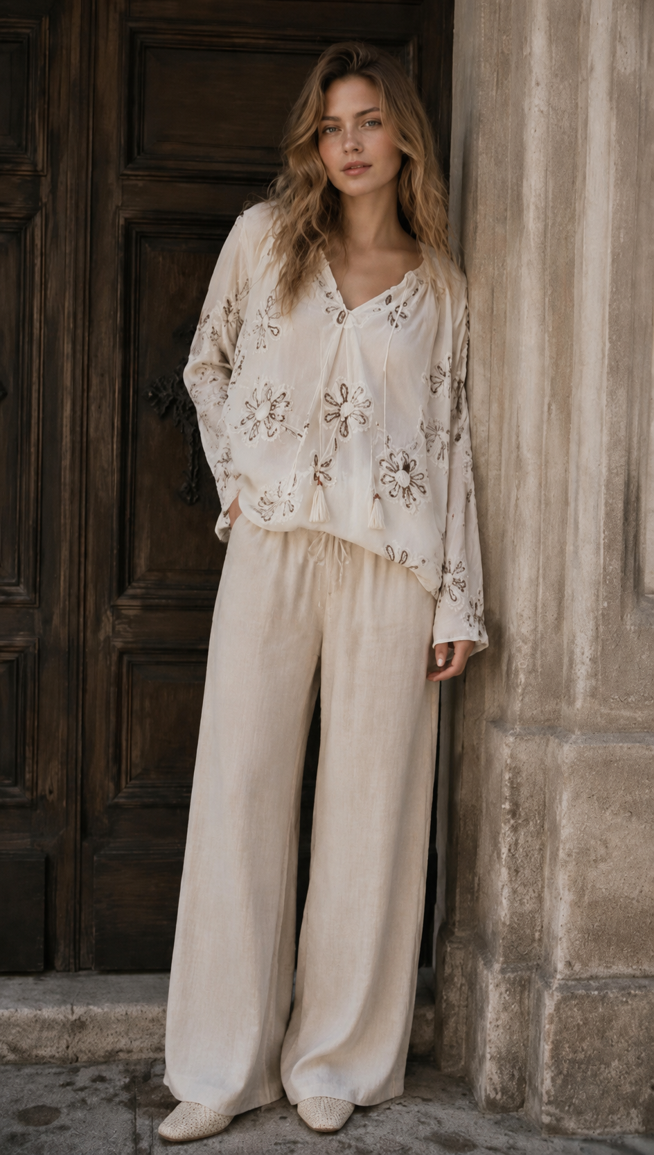 Boho Embroidered Long Sleeve Tunic with Tie-Neck AN-121024