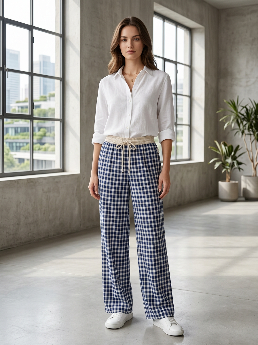 Women’s Gingham Drawstring Wide Leg Pants AN-620061