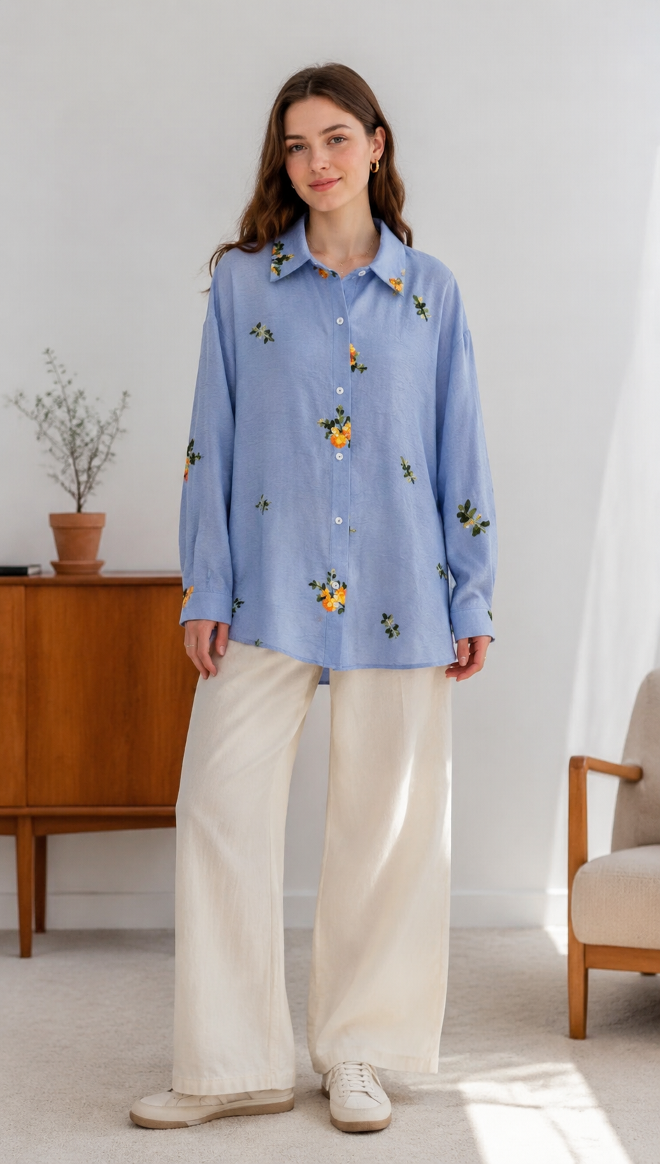 Women’s Floral Embroidered Oversized Shirt AN-620062