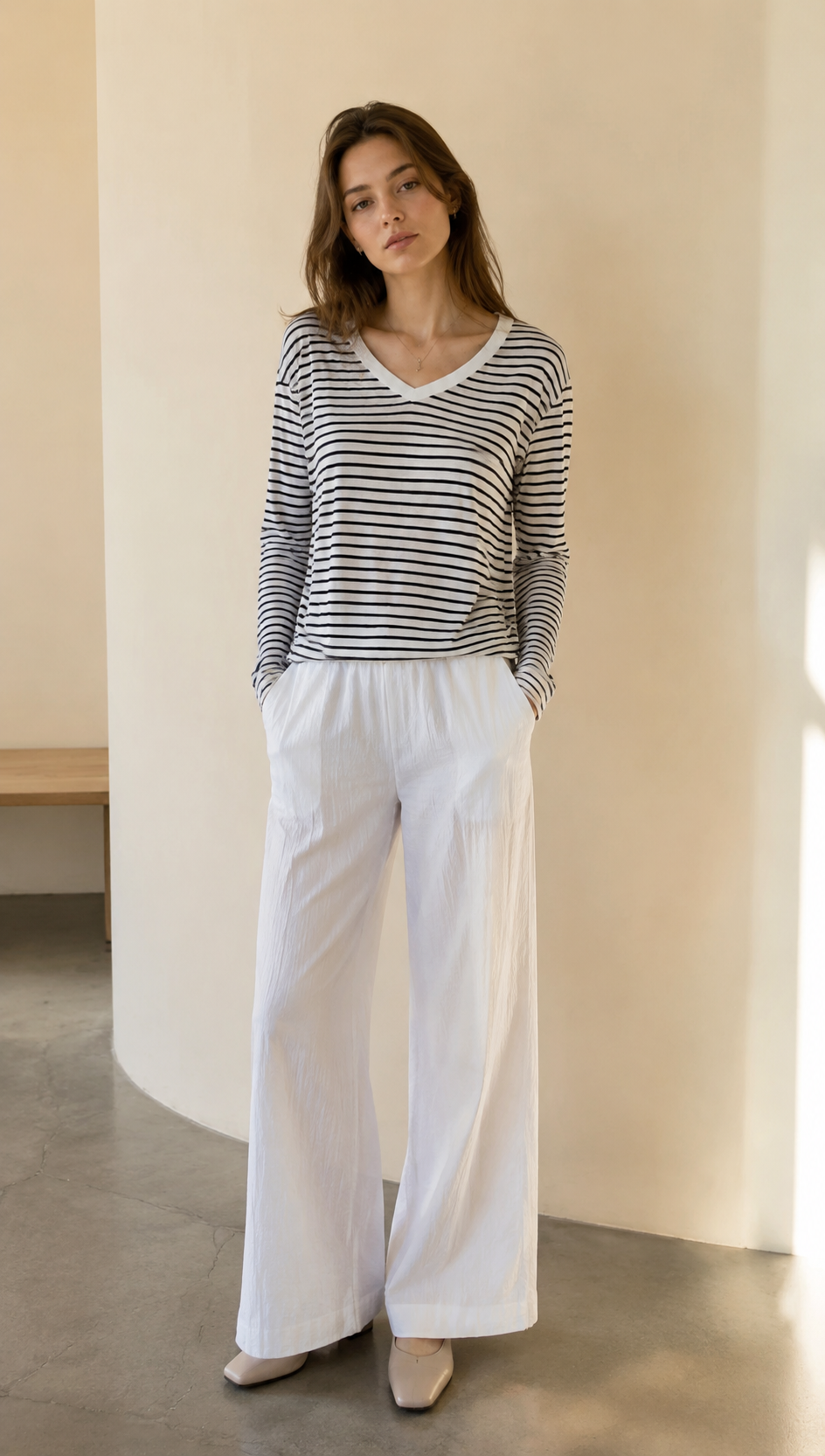 Women's Stripe V-Neck Long Sleeve T-Shirt - Soft Knit Top  AN-710004