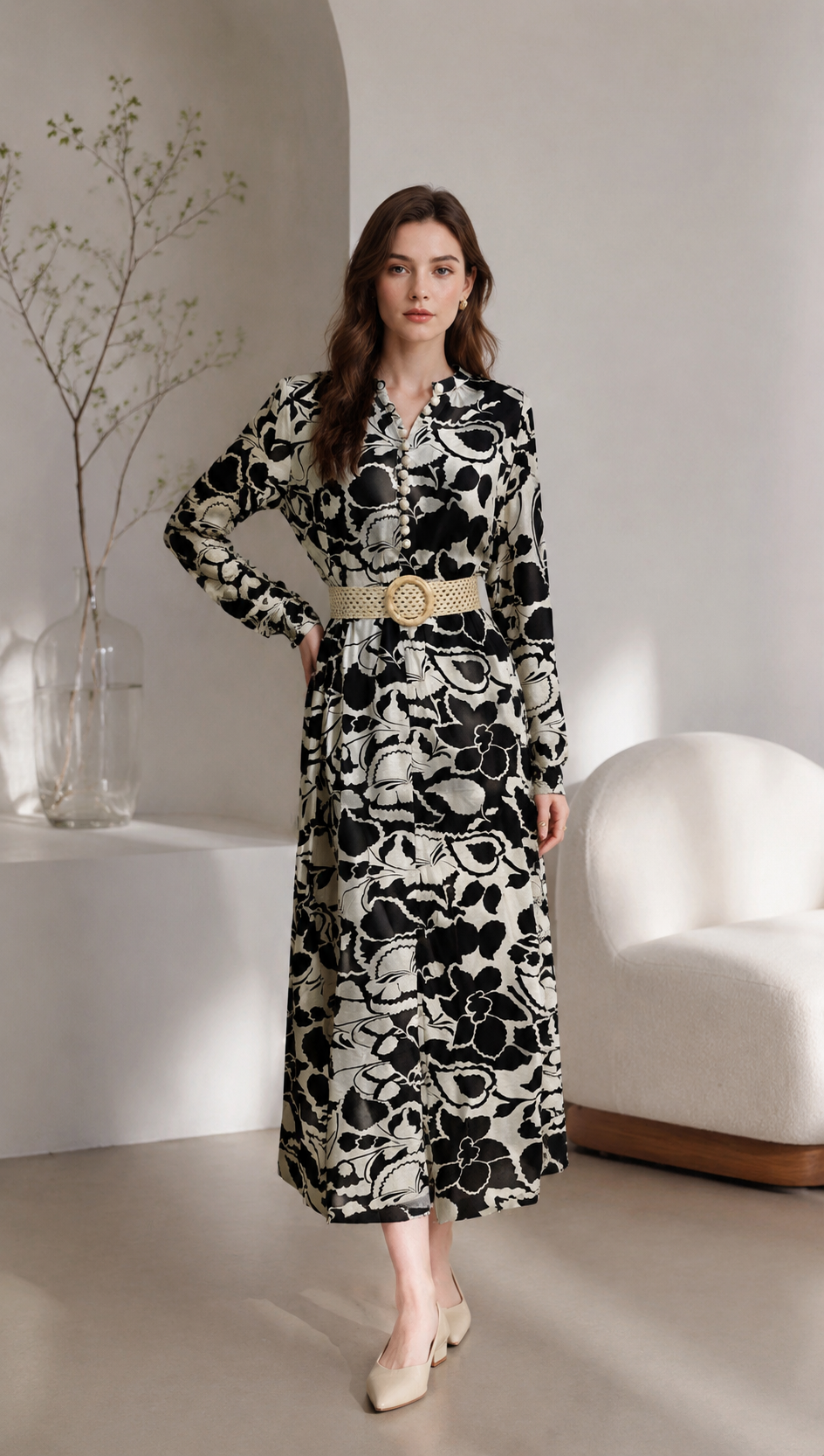 Elegant  Floral Print Midi Dress - Puff Sleeve Belted Dress AN-710026