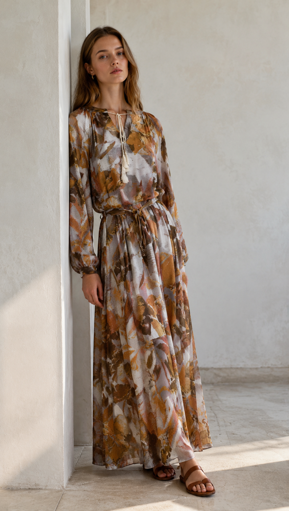 Boho Floral Maxi Dress – V-Neck Tassel Tie Loose Fit Long Sleeve Resort Dress AN-121008