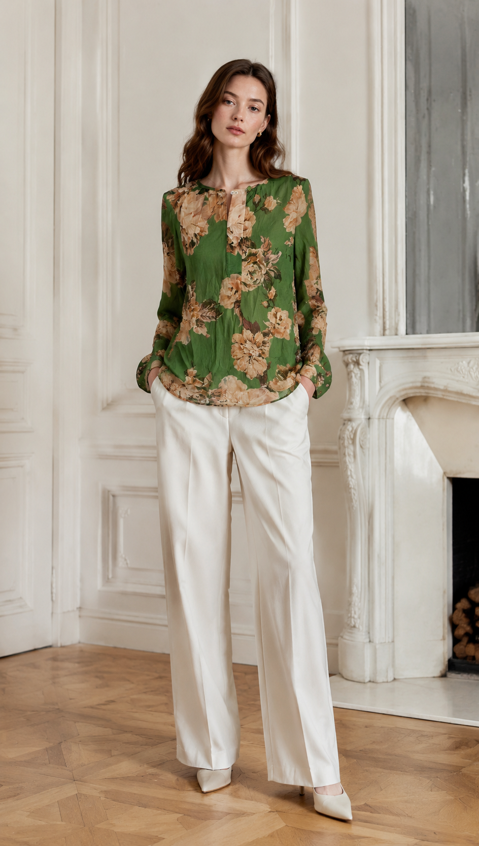 Minimalist Floral Print Long Sleeve Blouse - Premium Linen Look AN-620018