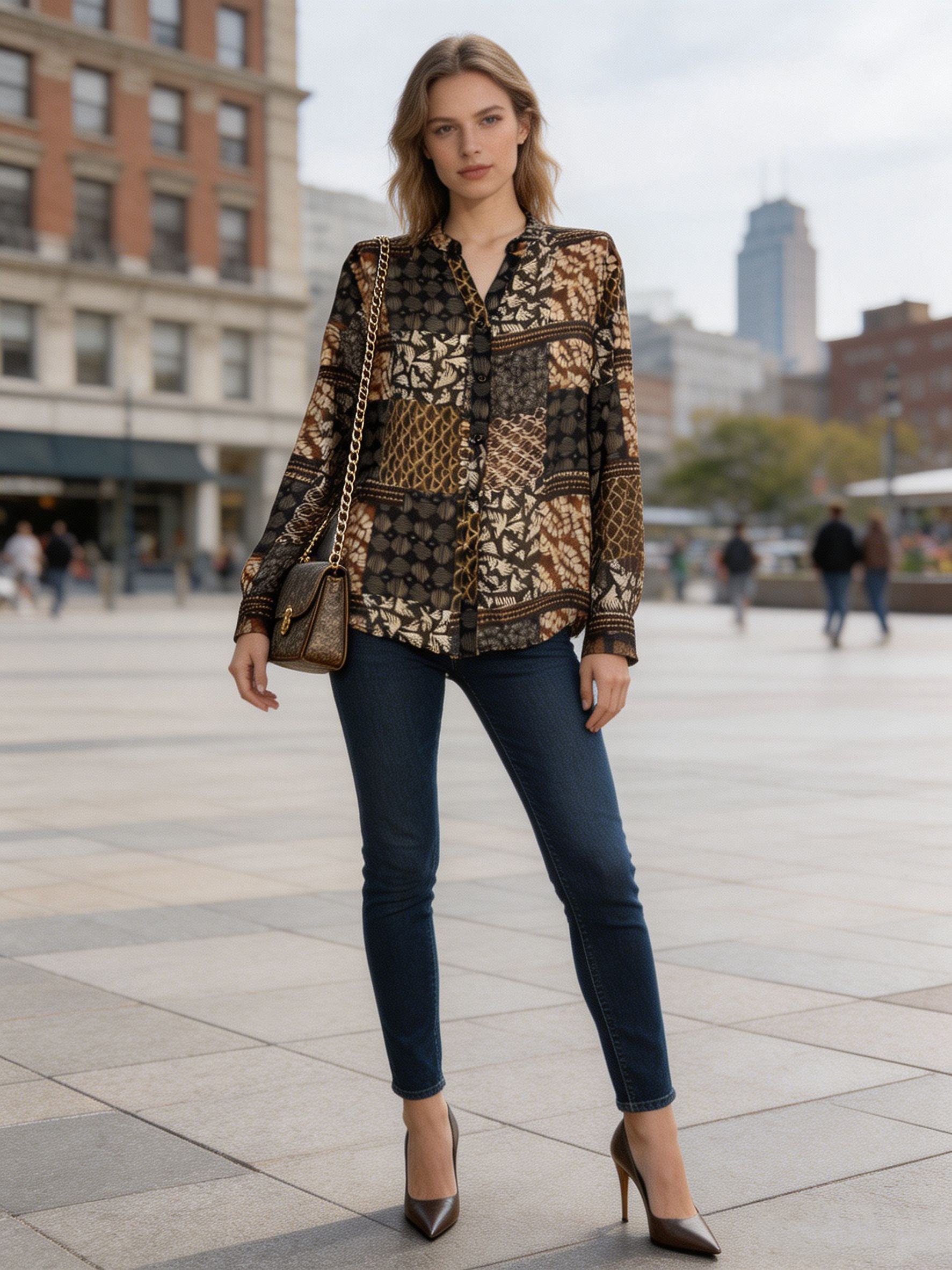 Women’s V-Neck Printed Loose Blouse A-43137