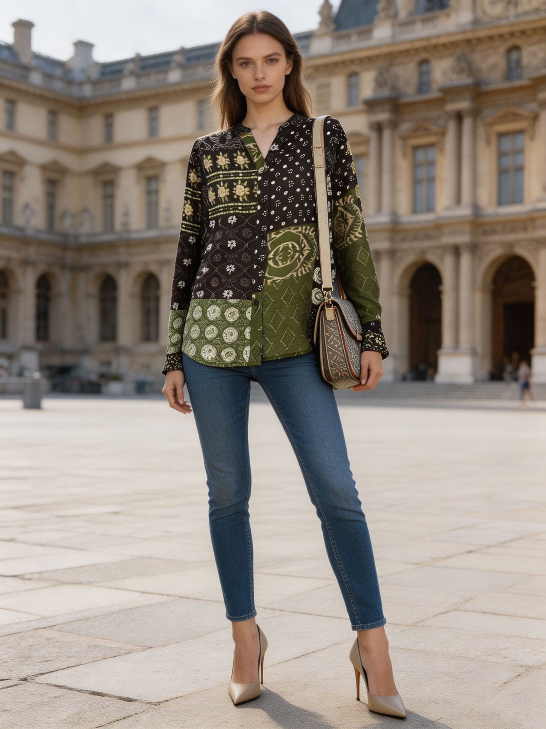 Women’s Boho Patchwork Print Button Down Shirt A-43175