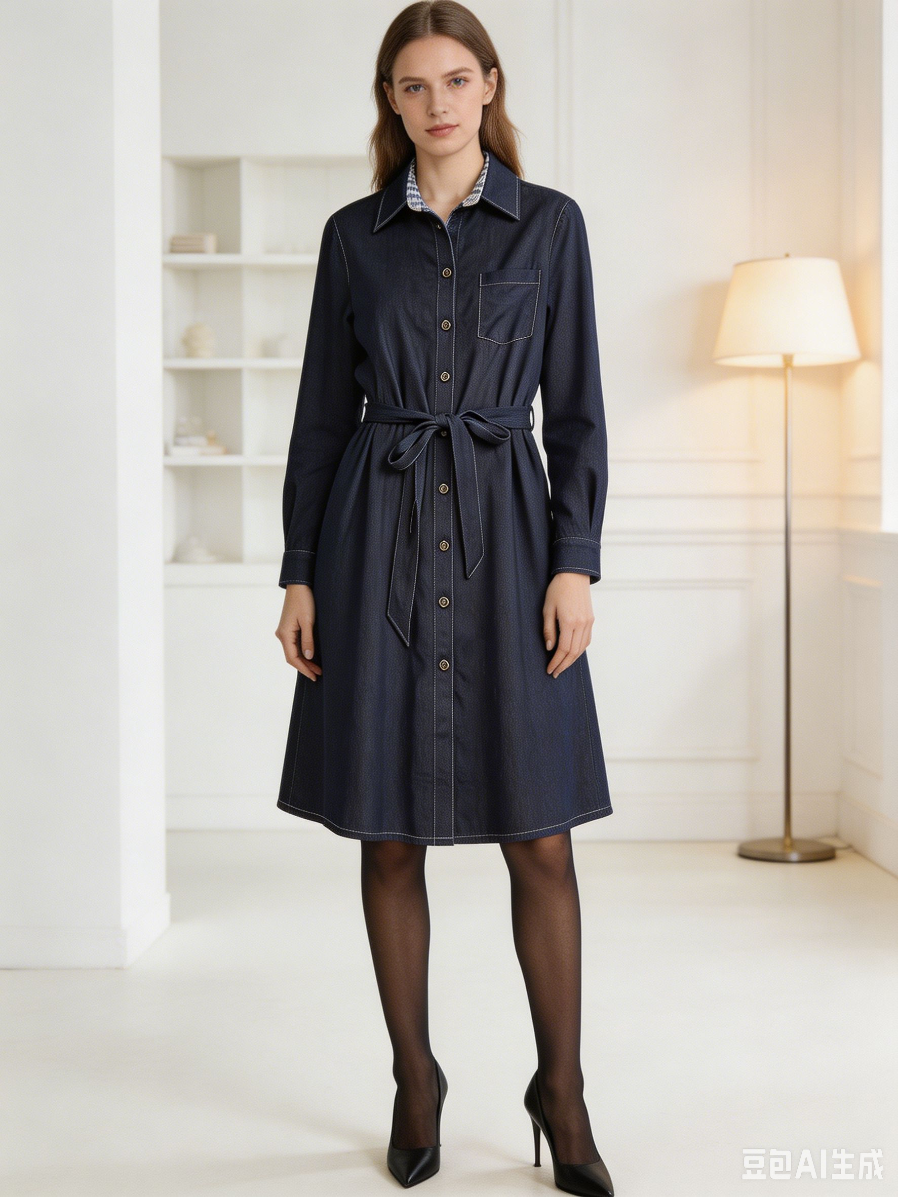 Denim Shirt Dress with Belt - Casual Midi Dress A-43054