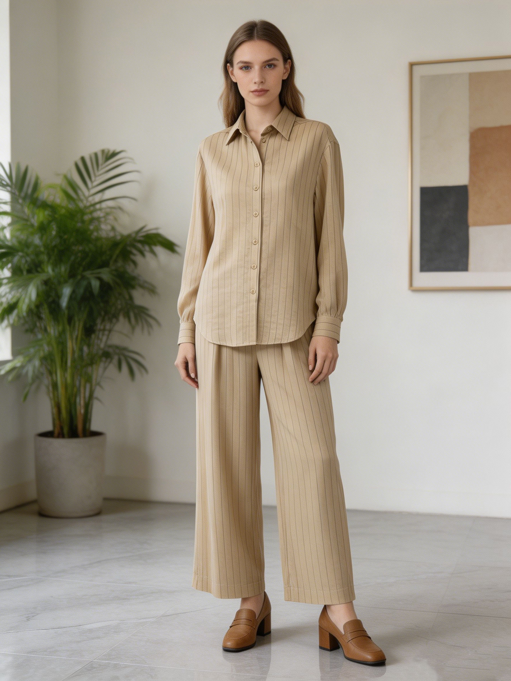 Trending Striped Linen-Blend Two-Piece Set for Women - Office Wear A-43189+A-43190