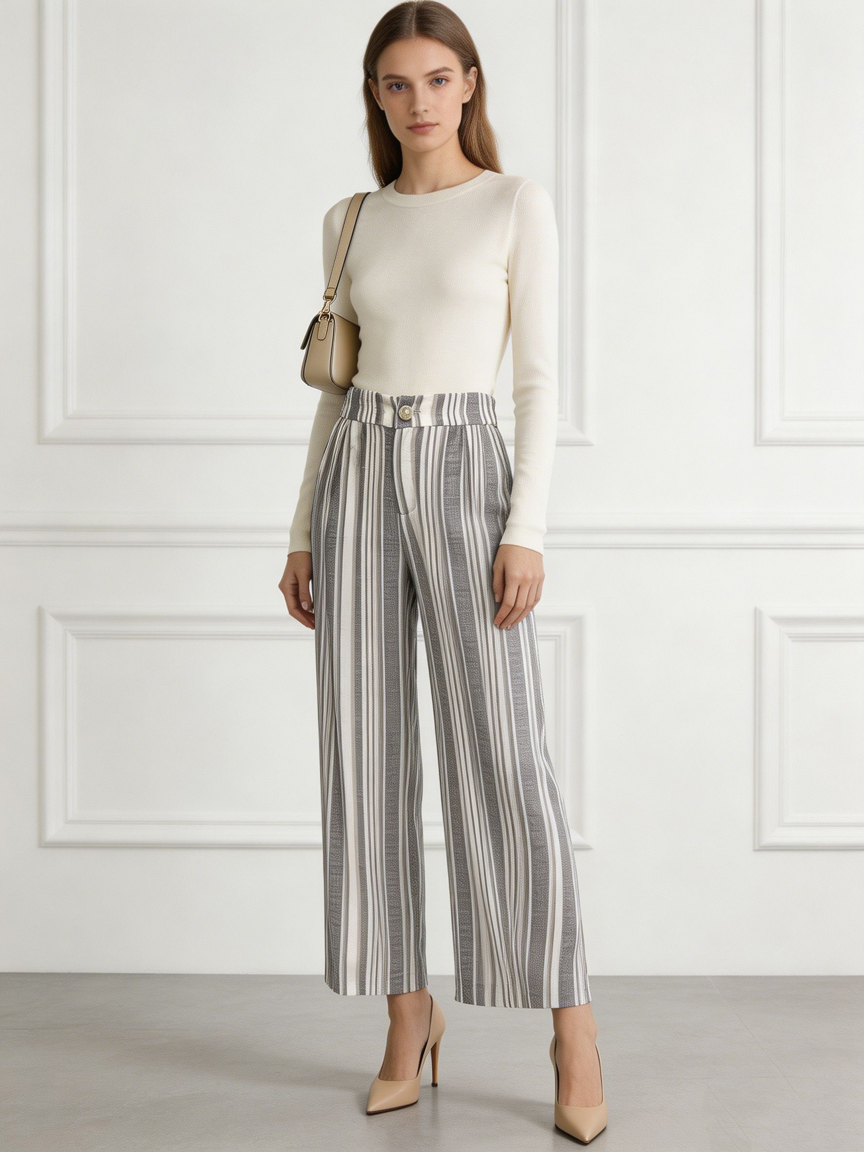 Minimalist Linen-Blend Striped Wide Leg Pants - Chic Office Casual D-40662