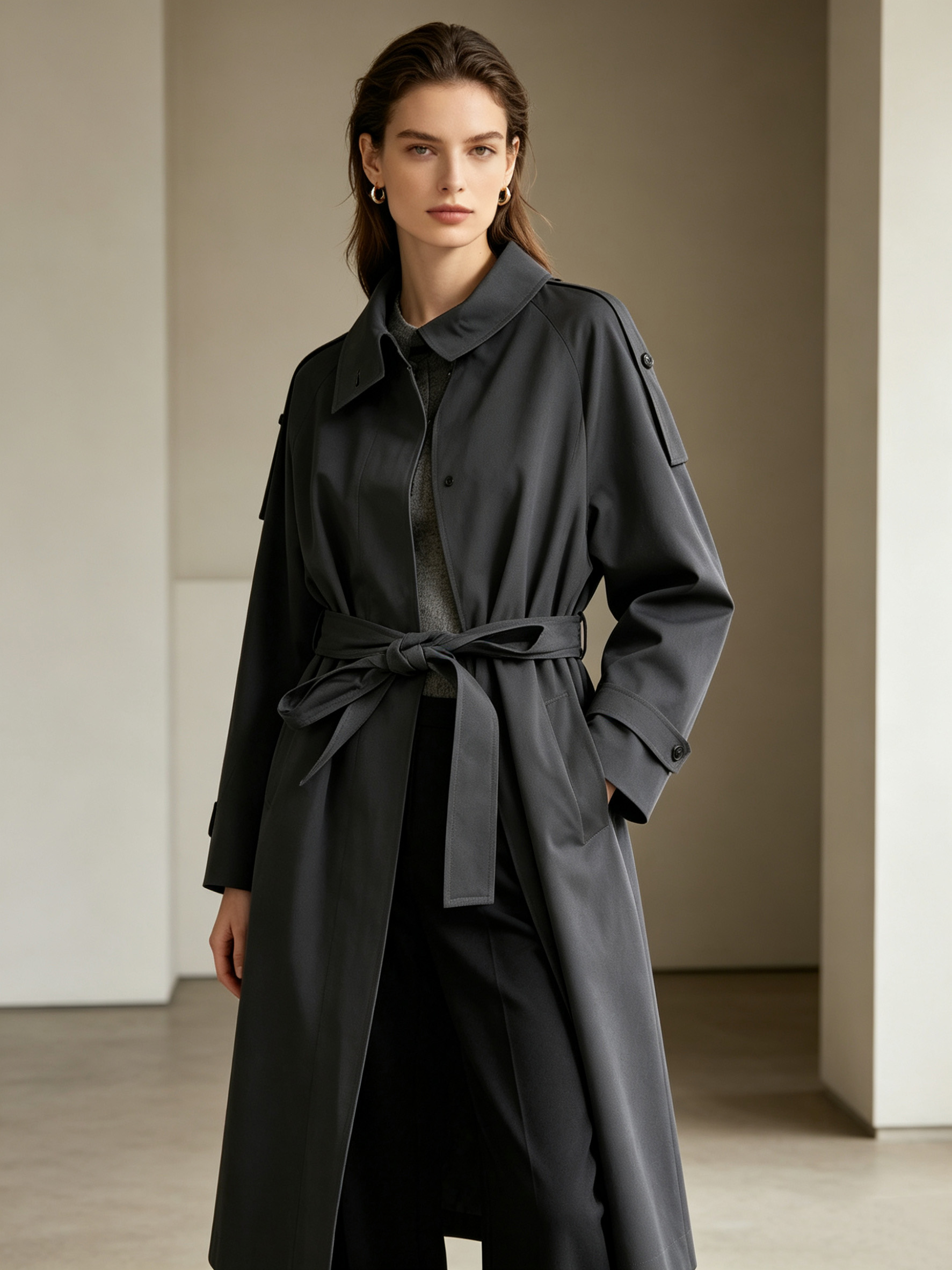Dark Grey Belted Trench Coat with Asymmetric Collar - Long Outerwear M-42870