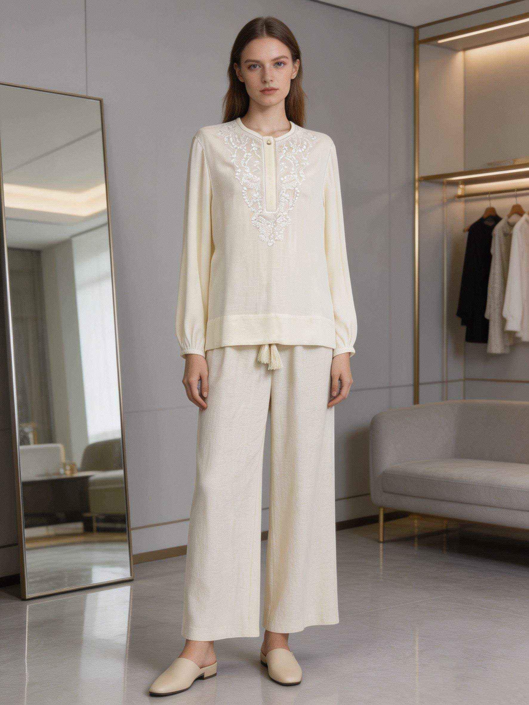 Cream Linen-Blend Embroidered Two-Piece Set - Casual Outfit W-43021+M-42740