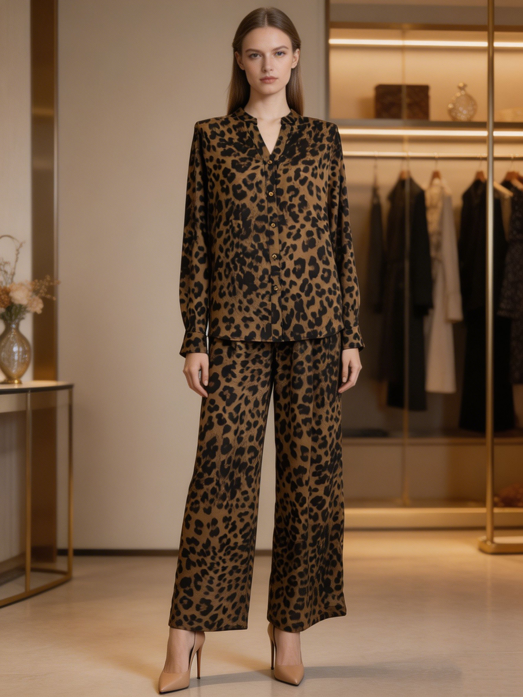 Leopard Print Shirt and Wide Leg Pants Set - Two-Piece Outfit W-43066+W-43064