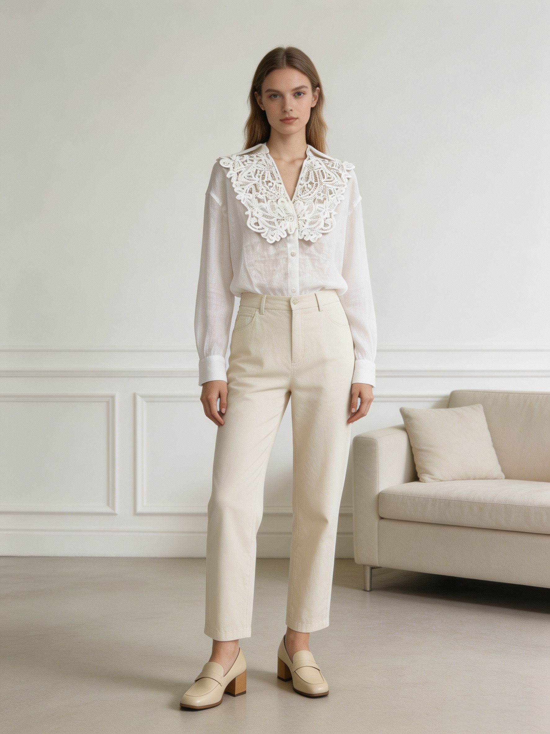 White Linen Shirt with Lace Collar - Casual Long Sleeve Blouse XW-42332