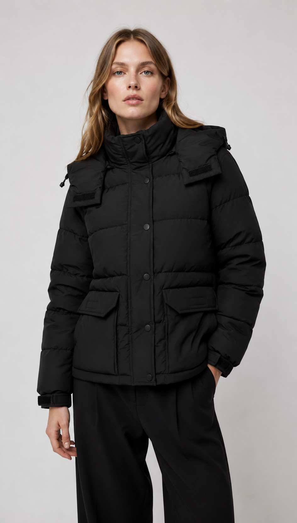 Black Detachable Hooded Puffer Jacket - Short Winter Outerwear WC-002