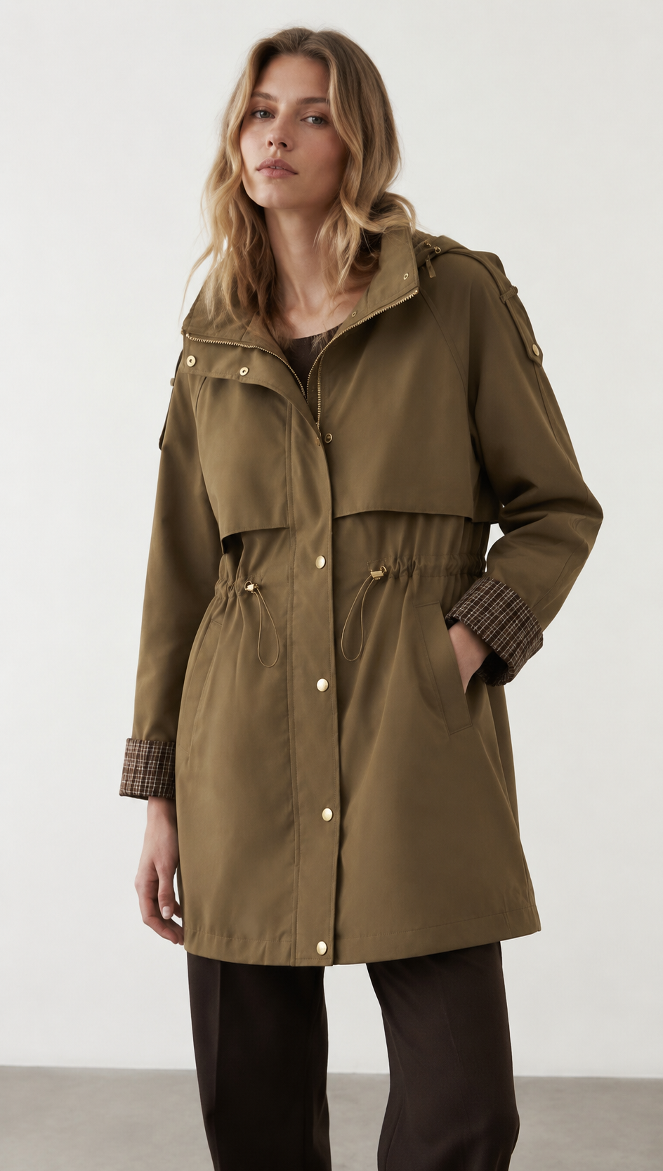 Khaki Drawstring Waist Trench Coat with Plaid Cuffs WC-004
