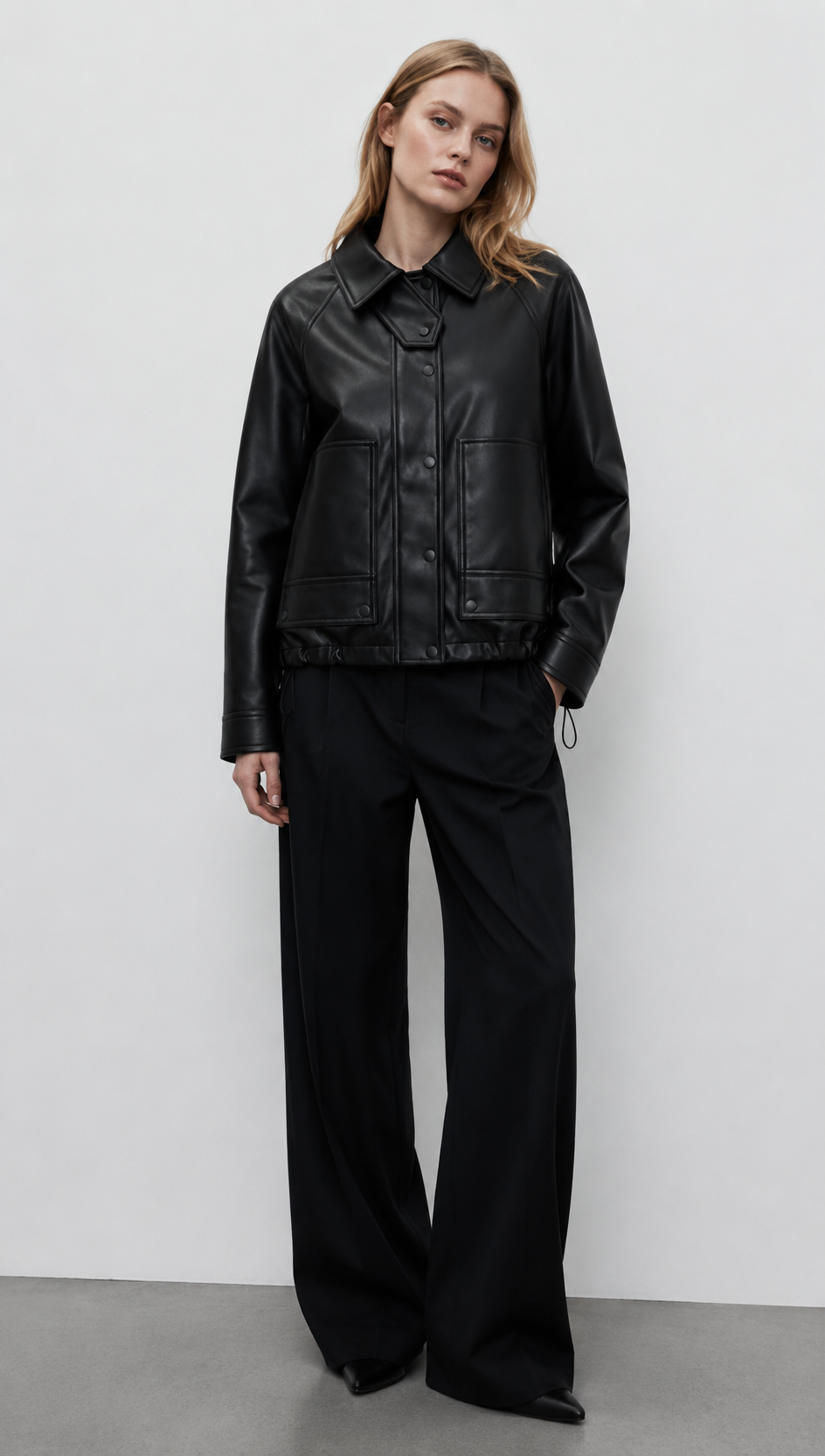 Black Oversized Leather Jacket with Asymmetric Collar WC-005