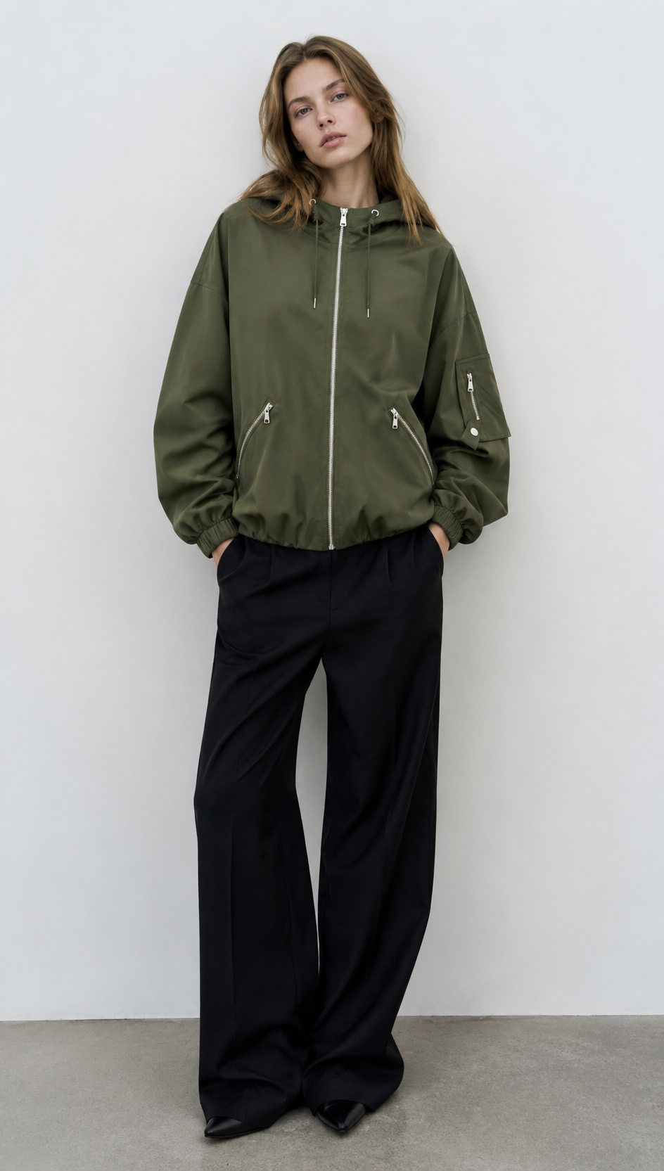 Army Green Hooded Bomber Jacket with Multiple Pockets WC-006