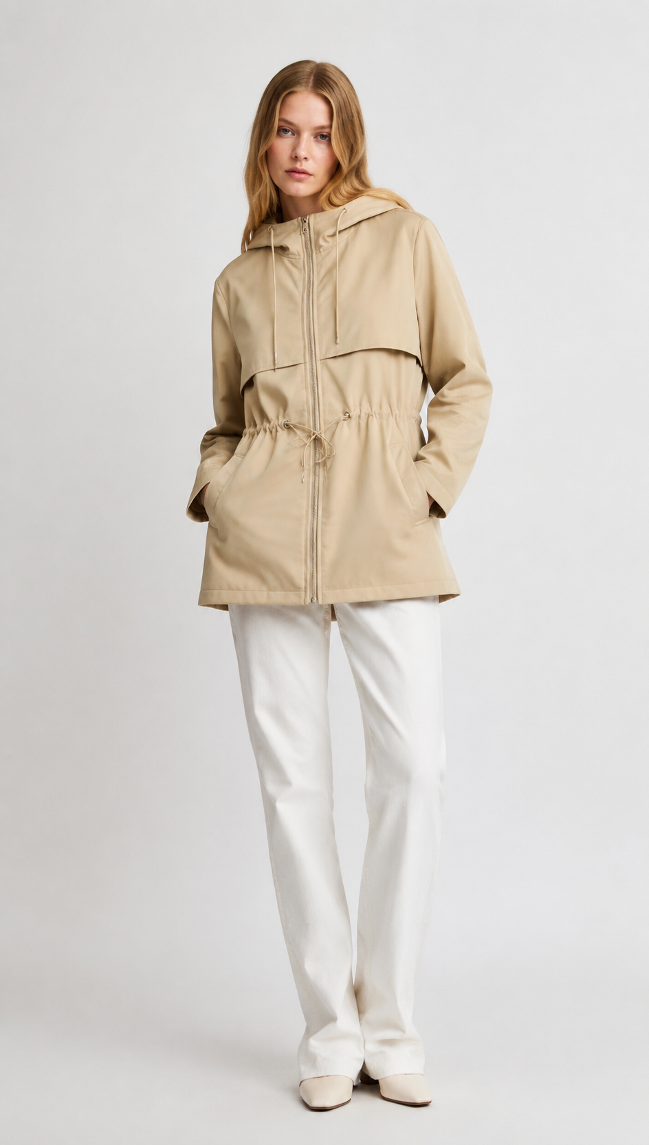 Beige Drawstring Waist Hooded Parka - Casual Outerwear WC-007