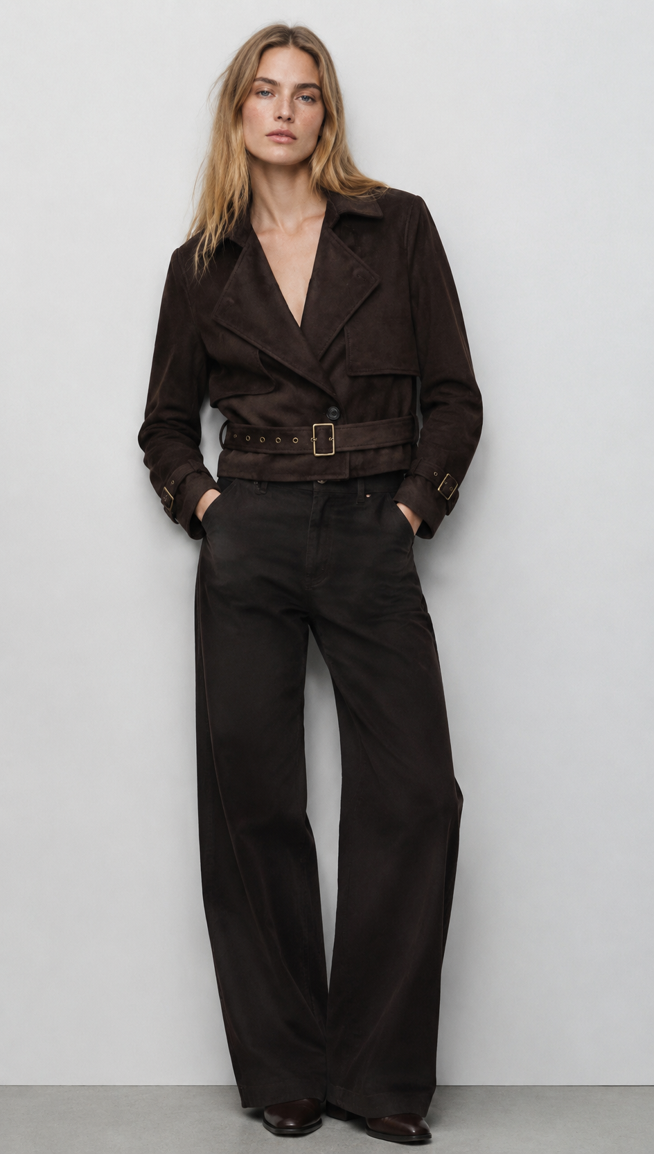 Brown Faux Suede Moto Jacket with Belted Waist WC-008