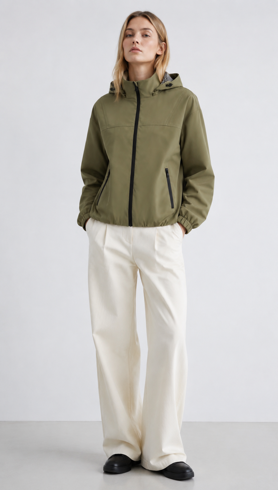 Army Green Hooded Windbreaker Jacket with Black Zippers WC-010