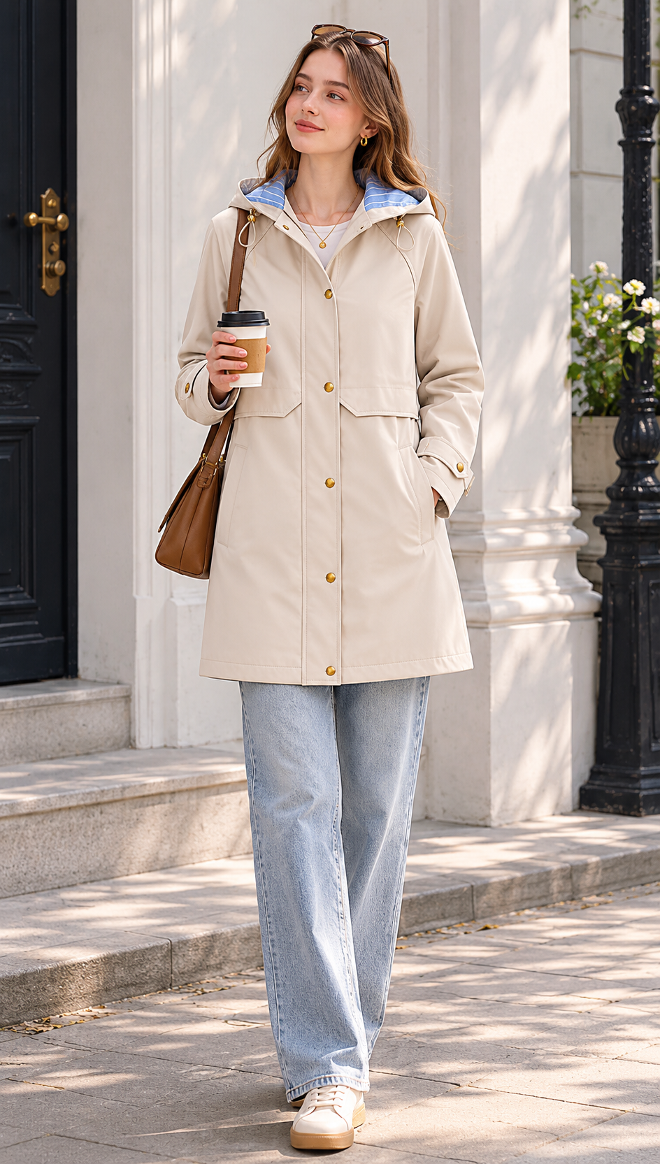 Beige Hooded Trench Coat with Plaid Lining & Gold Buttons WC-011