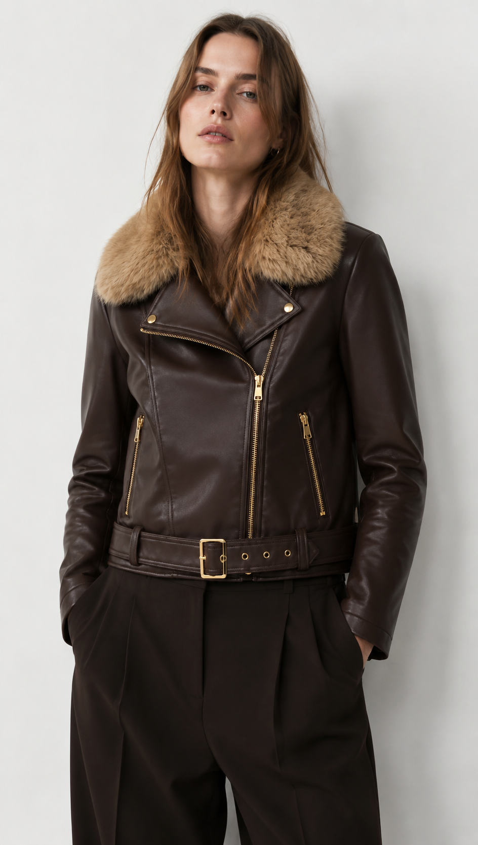 Brown Faux Leather Moto Jacket with Detachable Fur Collar WC-012