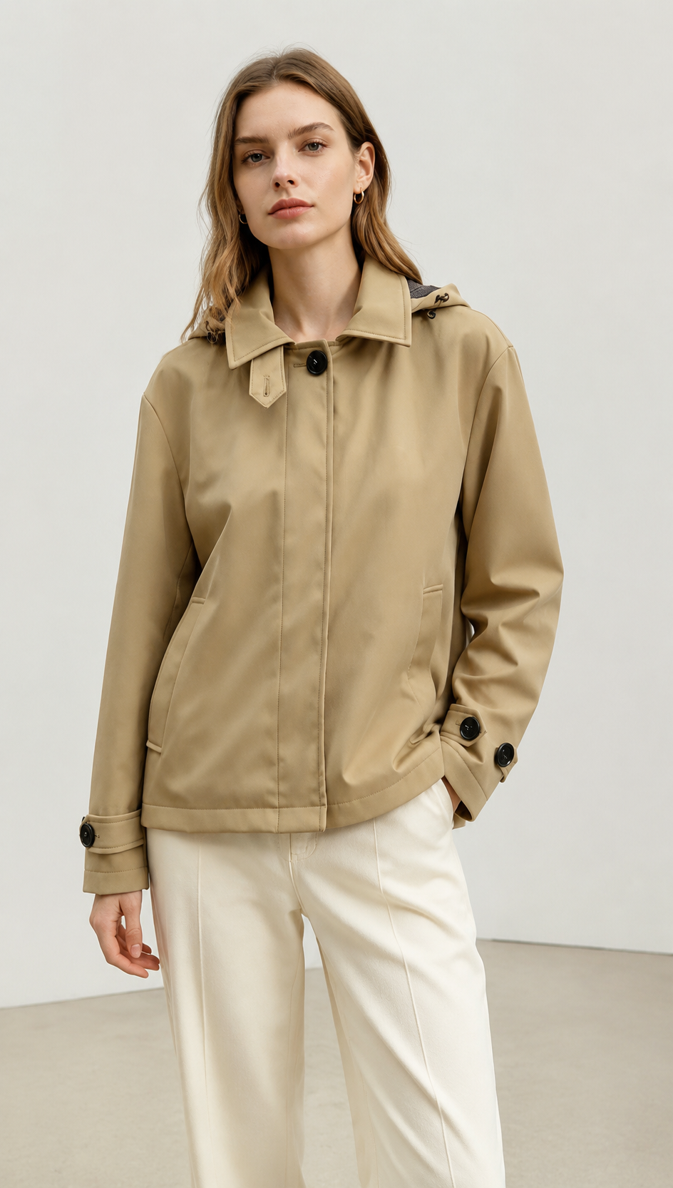 Beige Detachable Hooded Jacket with Plaid Lining WC-014