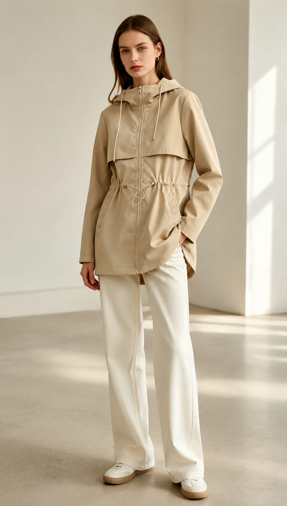 Beige Drawstring Waist Hooded Trench Coat WC-016