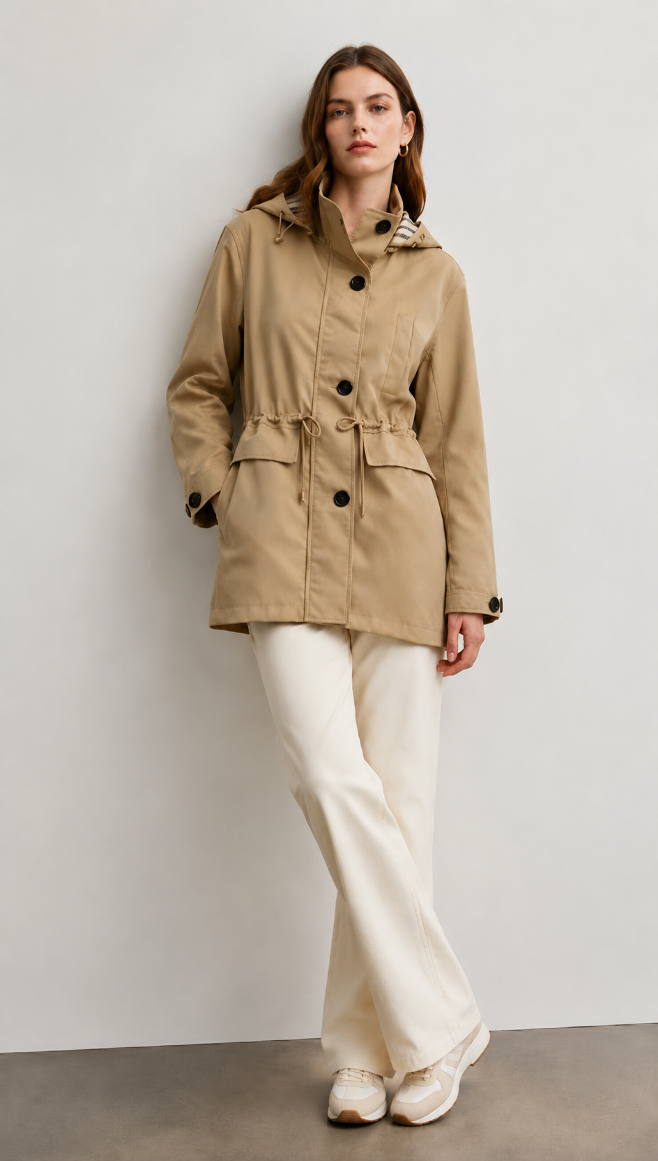 Beige Hooded Parka with Drawstring Waist & Striped Lining WC-017