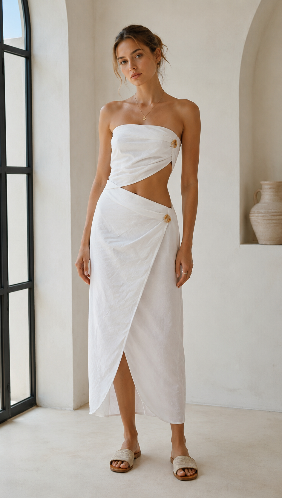 English: Minimalist Linen-Blend Wrap Midi Skirt with Asymmetrical Button AN-620037