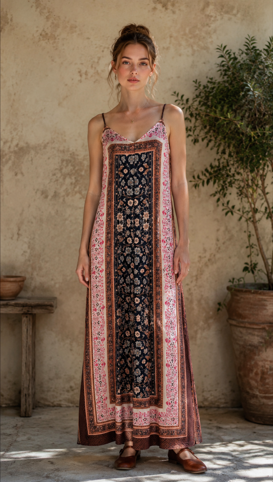  Boho Chic Placement Floral Print Slip Maxi Dress AN-620048